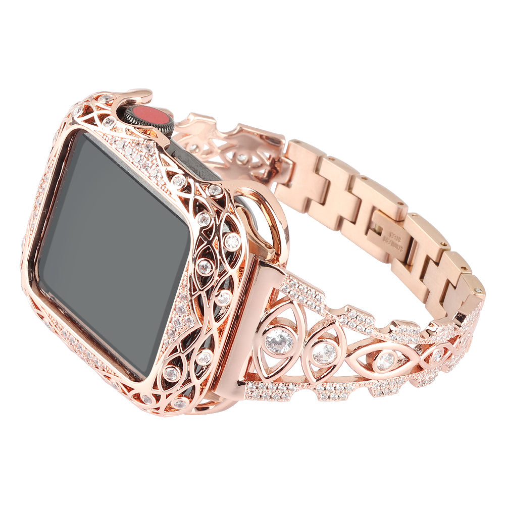 For Apple Watch Series 8 / 7 41mm / Series 6 / 5 / 4 / SE (2022) / SE 40mm / Series 3 / 2 / 1 38mm Eye Design Rhinestone Decor Metal Bracelet Watch Strap - Gold - UNIQBUY