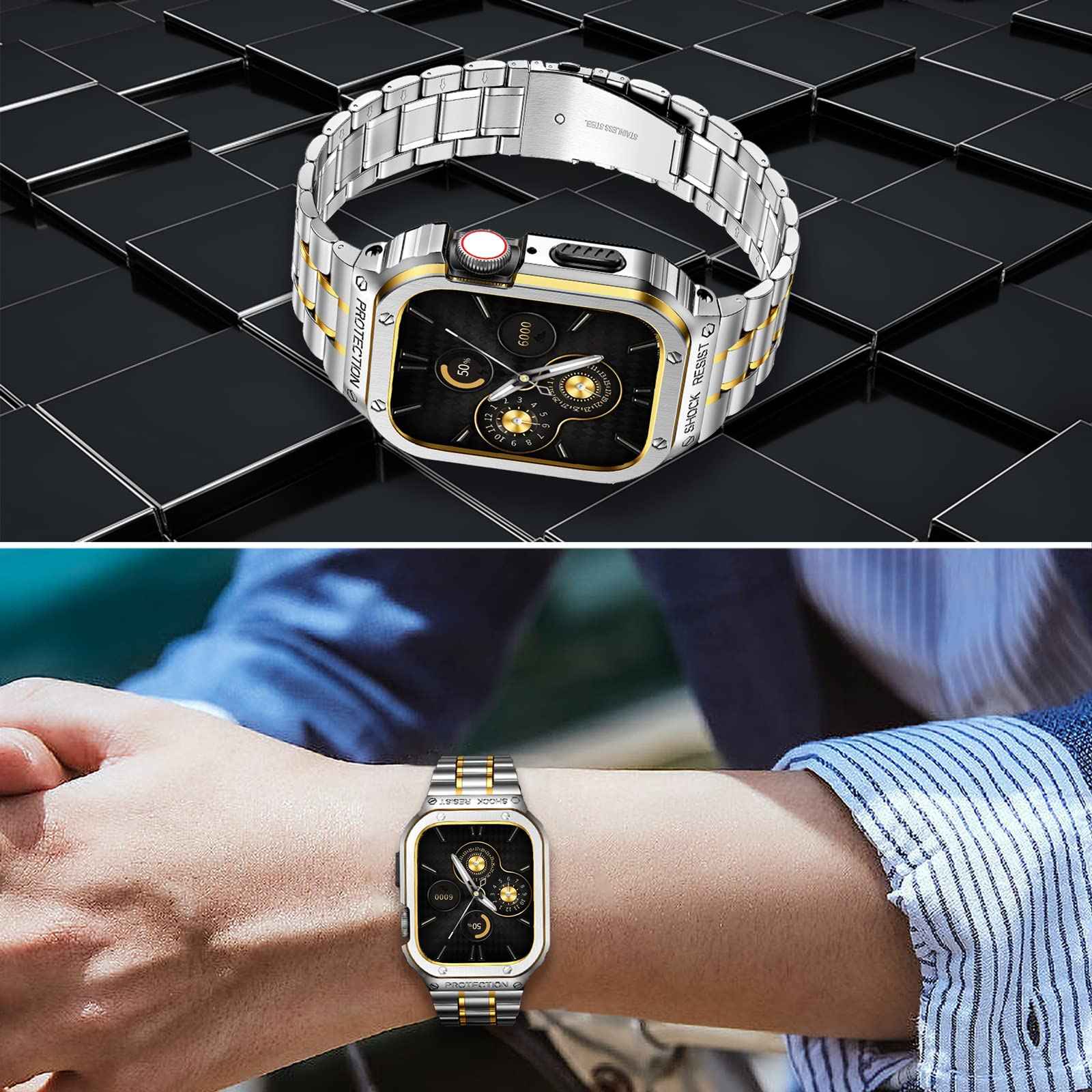 For Apple Watch Series 8 / 7 45mm / Series 6 / 5 / 4 / SE (2022) / SE 44mm 5 Beads Metal Watch Strap Integral Watch Band with Case - Silver / Gold