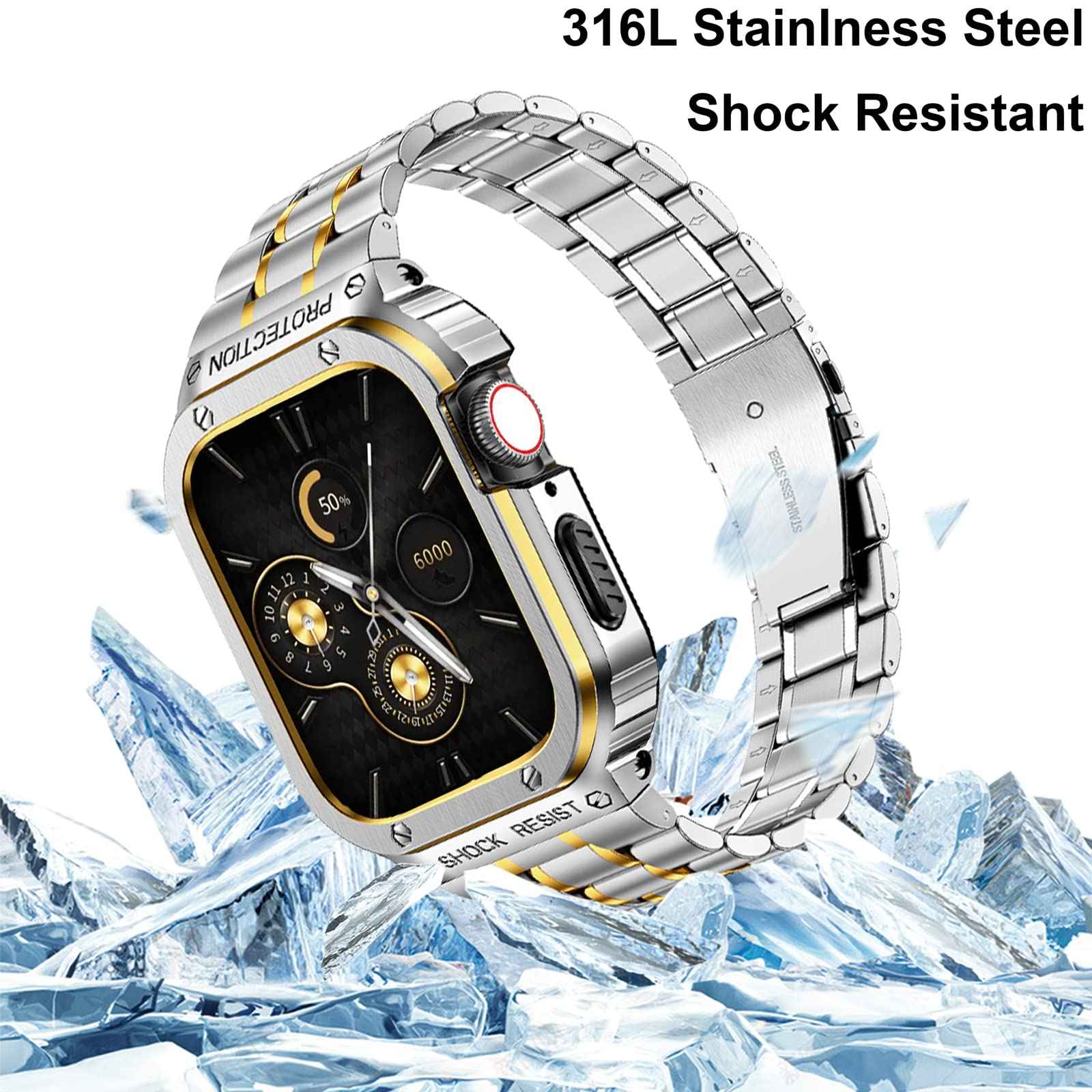 For Apple Watch Series 8 / 7 45mm / Series 6 / 5 / 4 / SE (2022) / SE 44mm 5 Beads Metal Watch Strap Integral Watch Band with Case - Silver / Gold