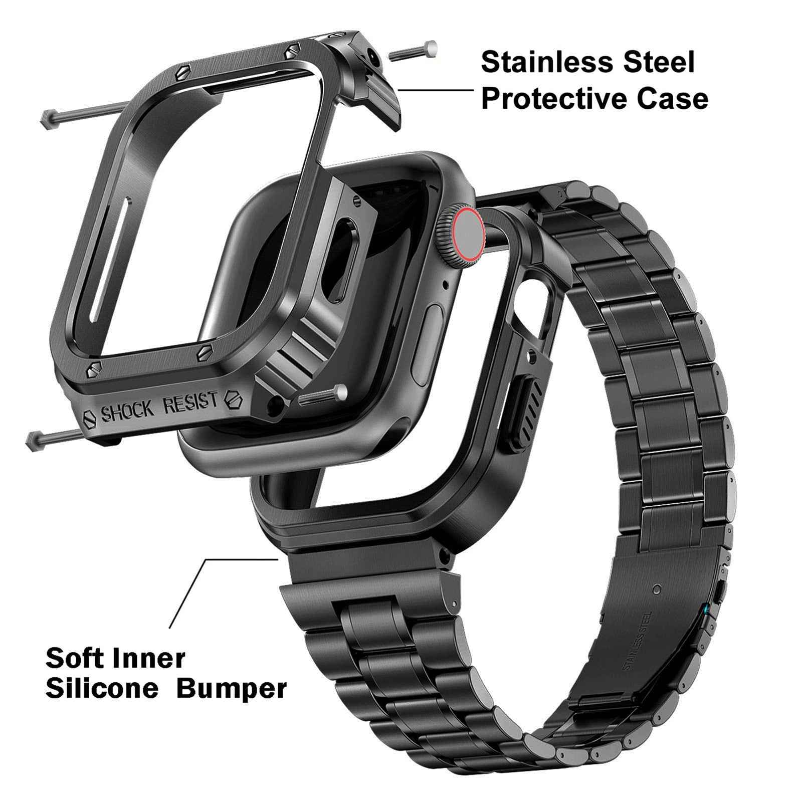 For Apple Watch Series 8 / 7 45mm / Series 6 / 5 / 4 / SE (2022) / SE 44mm 5 Beads Metal Watch Strap Integral Watch Band with Case - Black