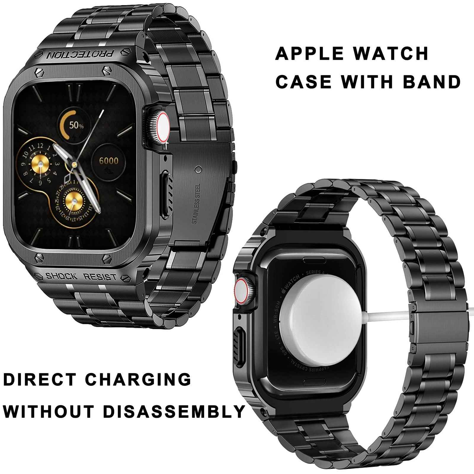 For Apple Watch Series 8 / 7 45mm / Series 6 / 5 / 4 / SE (2022) / SE 44mm 5 Beads Metal Watch Strap Integral Watch Band with Case - Black