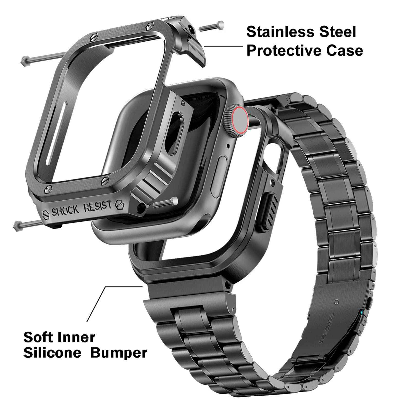 For Apple Watch Series 8 / 7 45mm / Series 6 / 5 / 4 / SE (2022) / SE 44mm 5 Beads Metal Watch Strap Integral Watch Band with Case - Tarnish