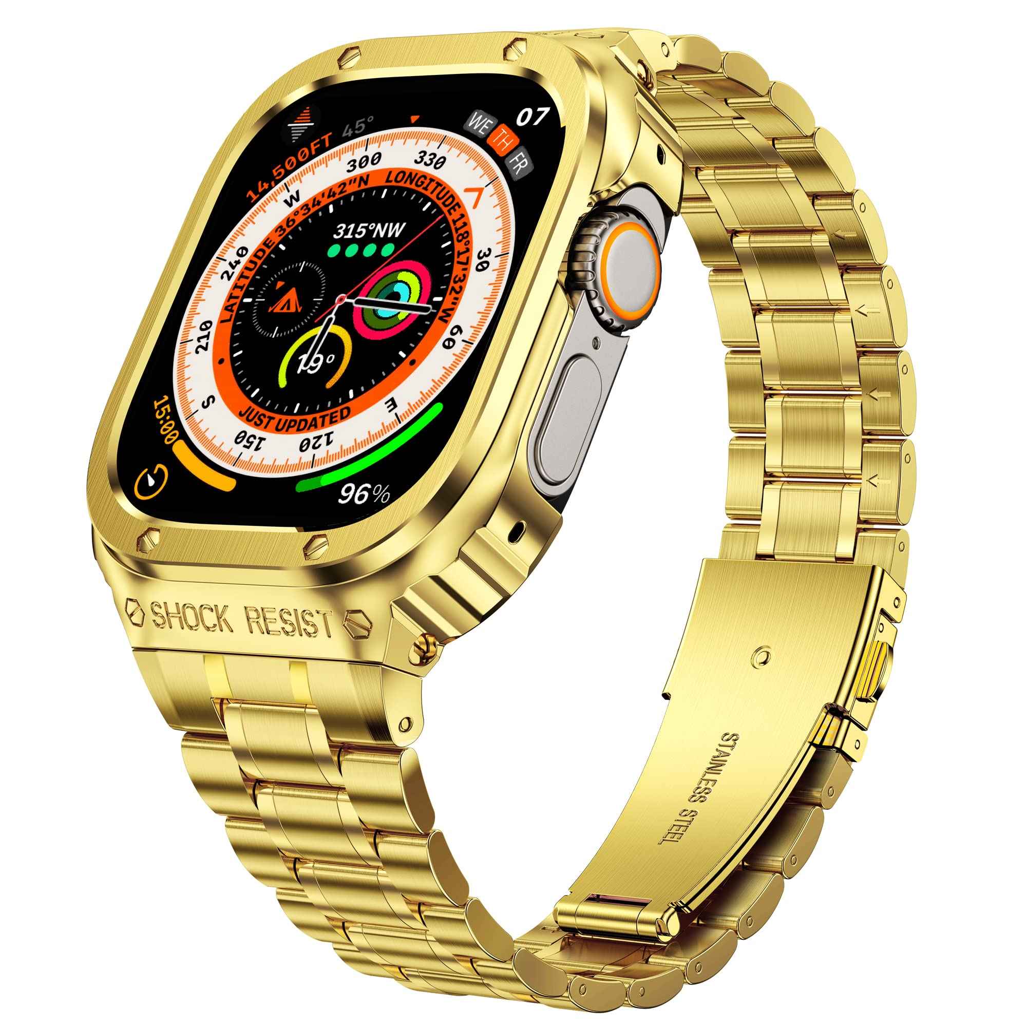 For Apple Watch Series 8 / 7 45mm / Series 6 / 5 / 4 / SE (2022) / SE 44mm 5 Beads Metal Watch Strap Integral Watch Band with Case - Gold