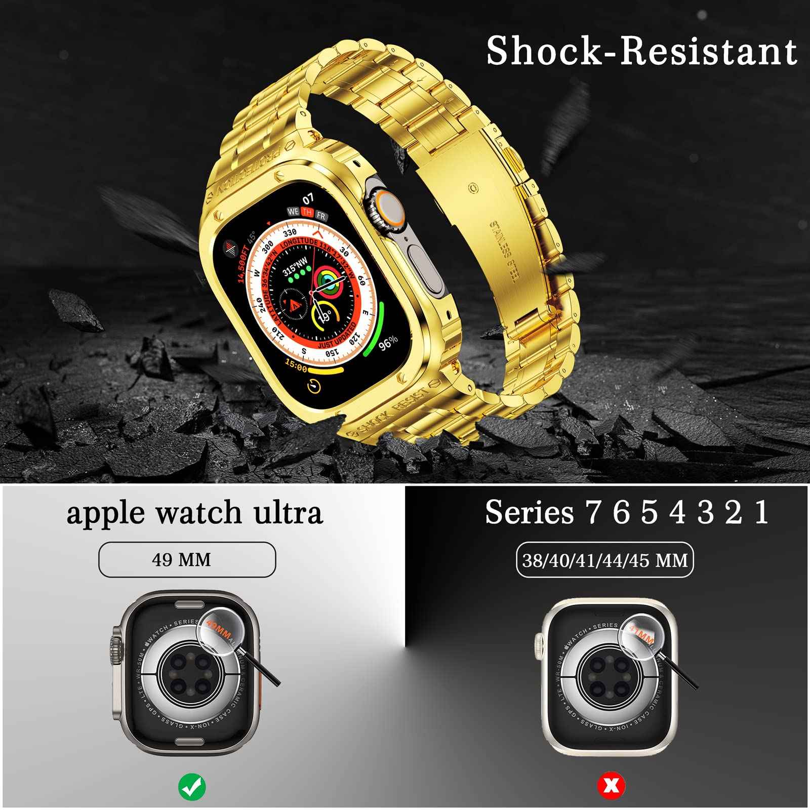 For Apple Watch Series 8 / 7 45mm / Series 6 / 5 / 4 / SE (2022) / SE 44mm 5 Beads Metal Watch Strap Integral Watch Band with Case - Gold