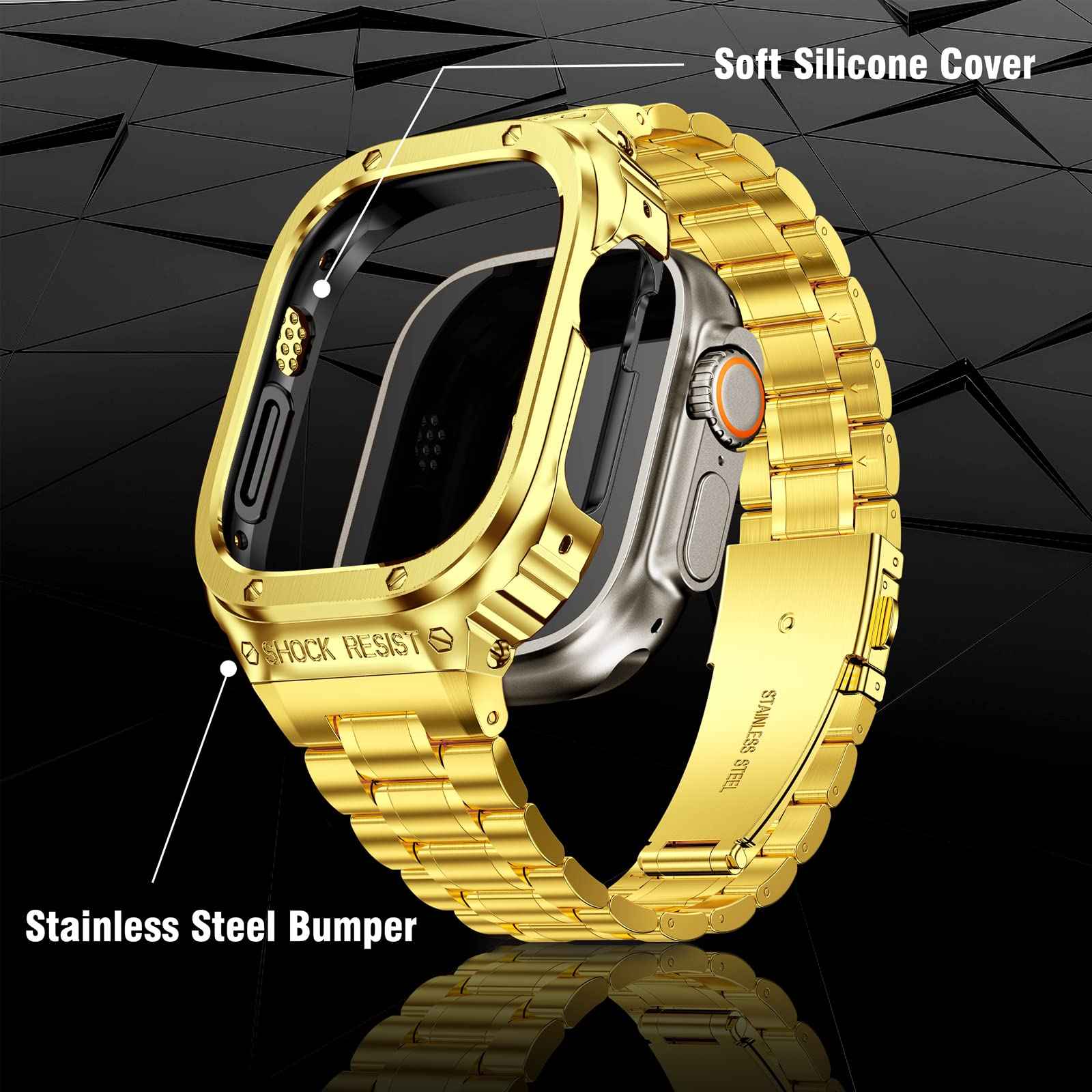 For Apple Watch Series 8 / 7 45mm / Series 6 / 5 / 4 / SE (2022) / SE 44mm 5 Beads Metal Watch Strap Integral Watch Band with Case - Gold