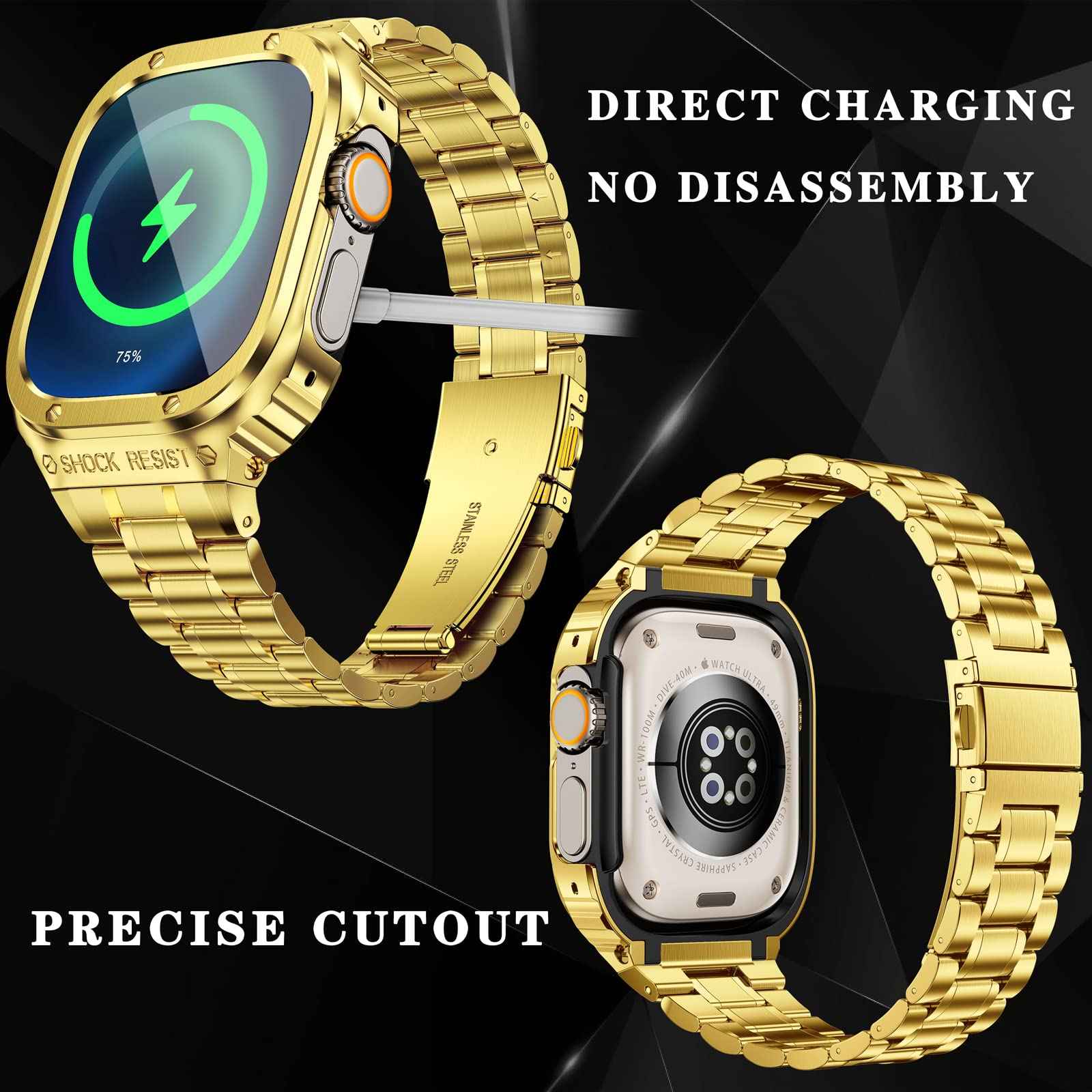 For Apple Watch Series 8 / 7 45mm / Series 6 / 5 / 4 / SE (2022) / SE 44mm 5 Beads Metal Watch Strap Integral Watch Band with Case - Gold