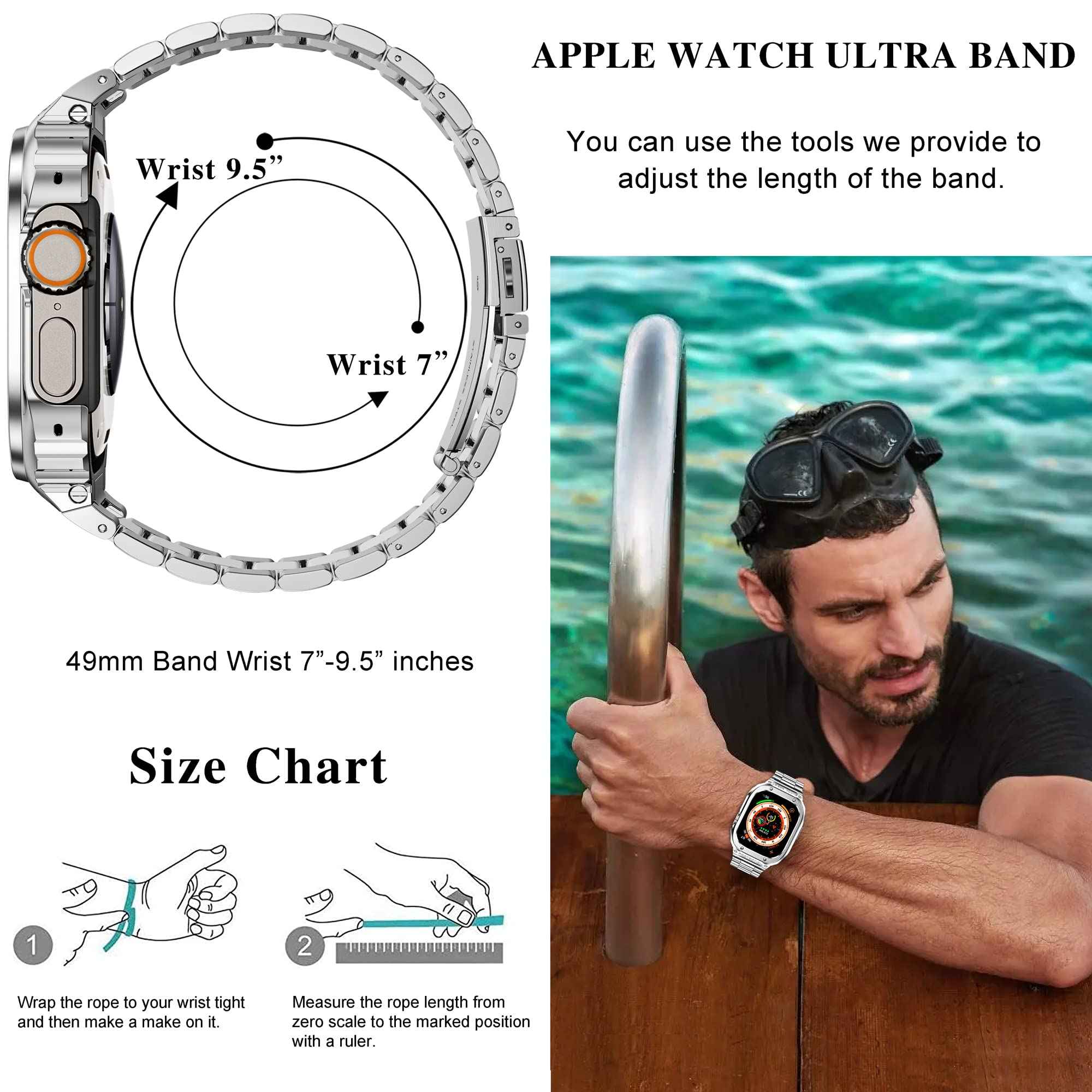 For Apple Watch Series 8 / 7 45mm / Series 6 / 5 / 4 / SE (2022) / SE 44mm 5 Beads Metal Watch Strap Integral Watch Band with Case - Silver