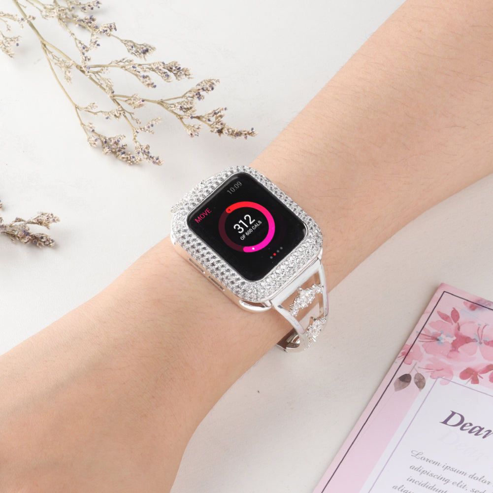 Watch Band for Apple Watch Ultra 49mm / Series 8 7 45mm / Series 6 5 4 SE (2022) SE 44mm / Series 3 2 1 42mm , Zircon Decor Copper Metal Strap - Silver - UNIQBUY