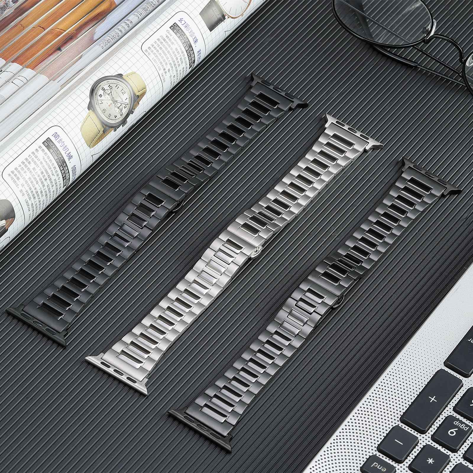 Titanium Steel Watch Band for Apple Watch Series 1 2 3 38mm / Series 4 5 6 SE (2022) SE 40mm / Series 7 8 41mm , 3-Bead Metal Strap with Butterfly Clasp - Black