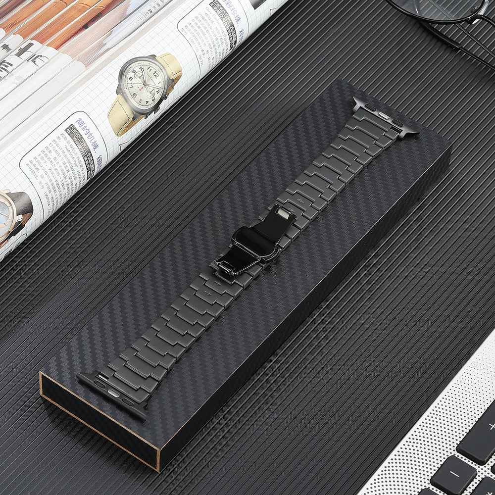 Metal Band for Apple Watch Ultra 49mm / Series 8 7 45mm / Series 6 5 4 SE (2022) SE 44mm / Series 3 2 1 42mm , 3-Bead Titanium Steel Watch Strap with Butterfly Clasp - Black