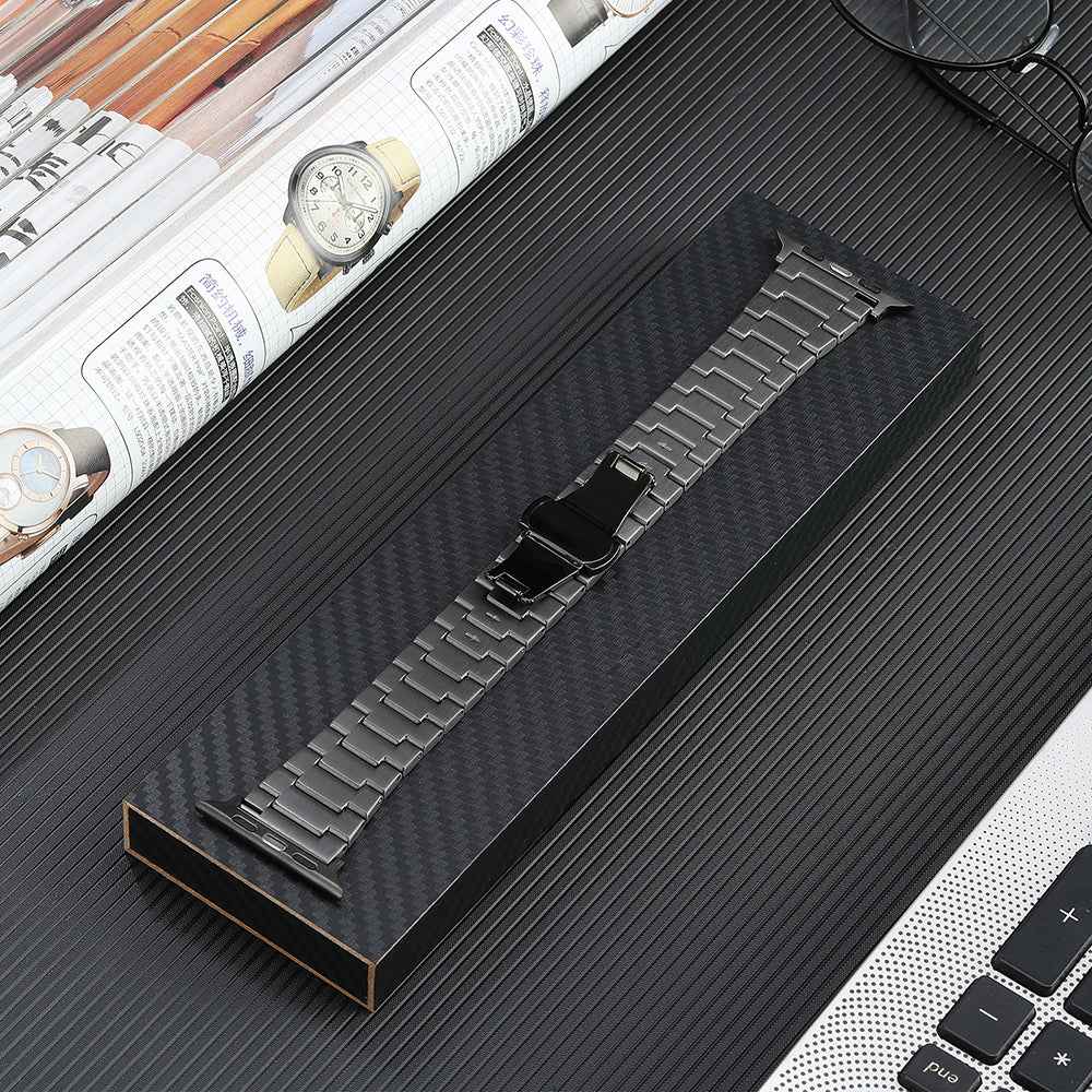 Metal Band for Apple Watch Ultra 49mm / Series 8 7 45mm / Series 6 5 4 SE (2022) SE 44mm / Series 3 2 1 42mm , 3-Bead Titanium Steel Watch Strap with Butterfly Clasp - Grey