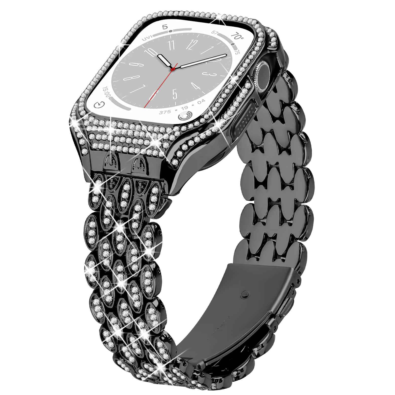 For Apple Watch Series 6 5 4 SE (2022) SE 40mm Watch Band Stainless Steel Rhinestone Decor Strap with Watch Case - Black
