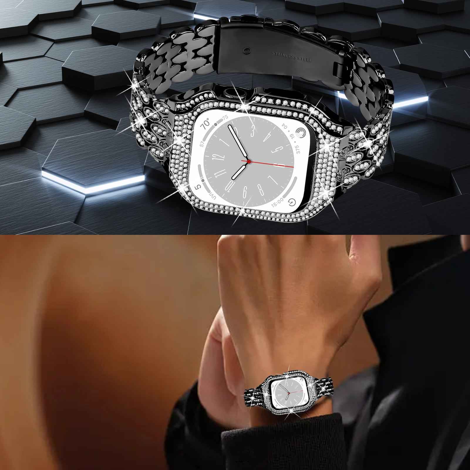 For Apple Watch Series 6 5 4 SE (2022) SE 40mm Watch Band Stainless Steel Rhinestone Decor Strap with Watch Case - Black