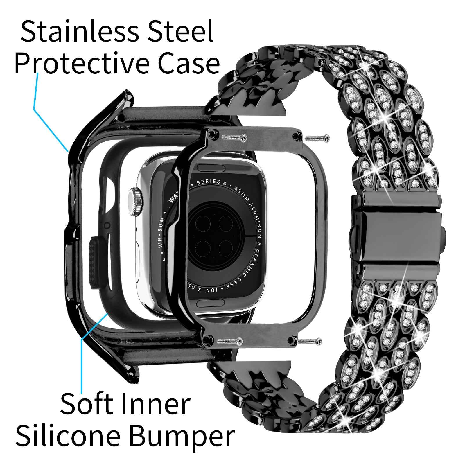 For Apple Watch Series 6 5 4 SE (2022) SE 40mm Watch Band Stainless Steel Rhinestone Decor Strap with Watch Case - Black