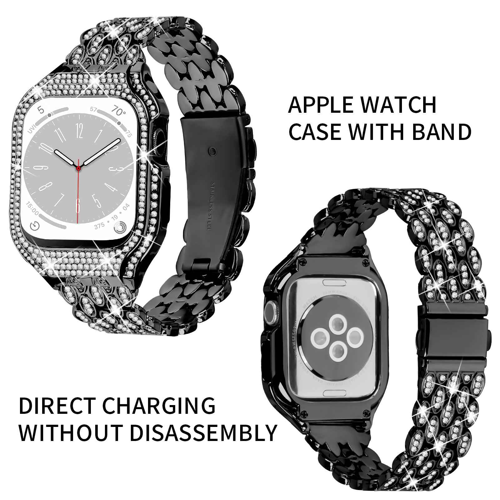 For Apple Watch Series 6 5 4 SE (2022) SE 40mm Watch Band Stainless Steel Rhinestone Decor Strap with Watch Case - Black