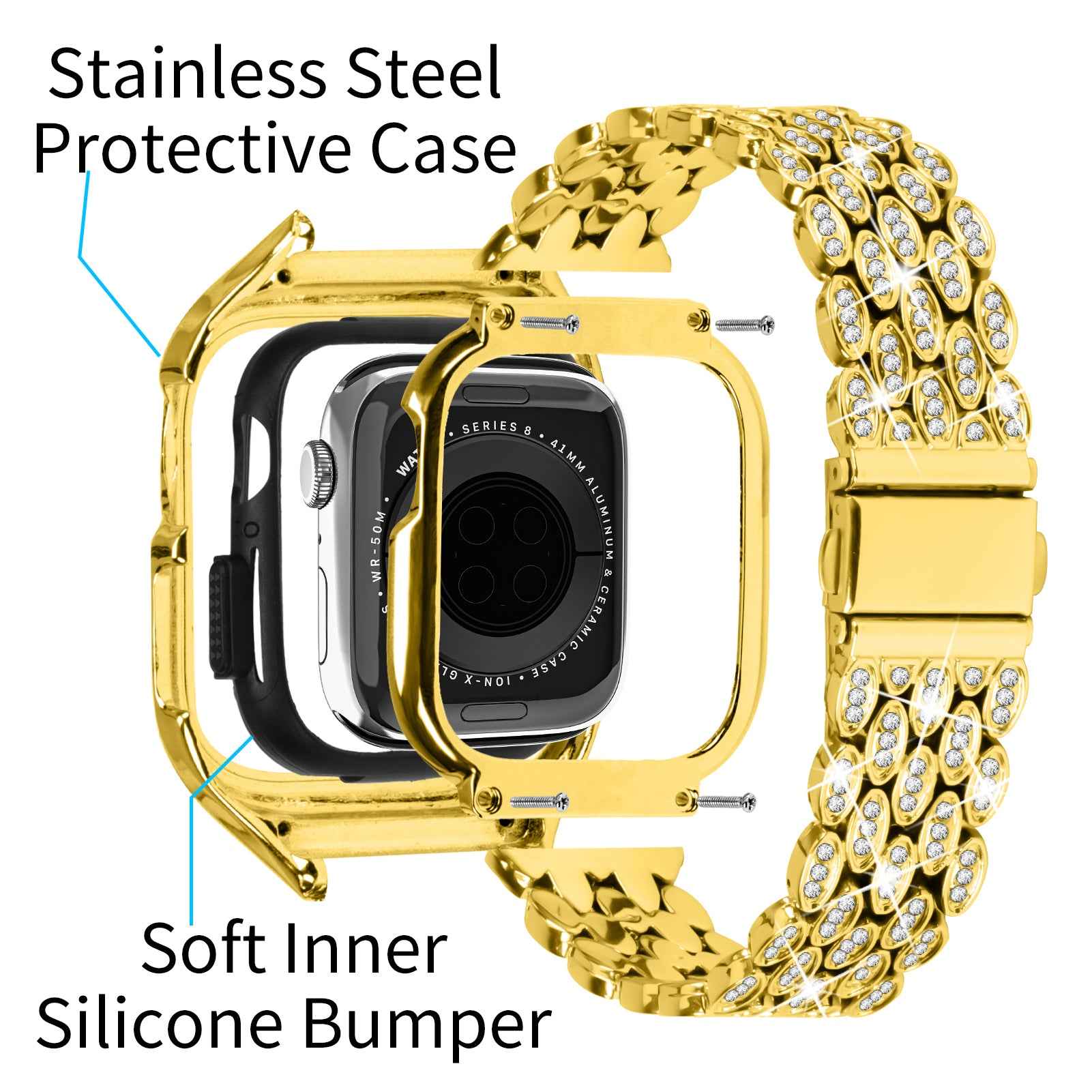 For Apple Watch Series 6 5 4 SE (2022) SE 40mm Watch Band Stainless Steel Rhinestone Decor Strap with Watch Case - Gold