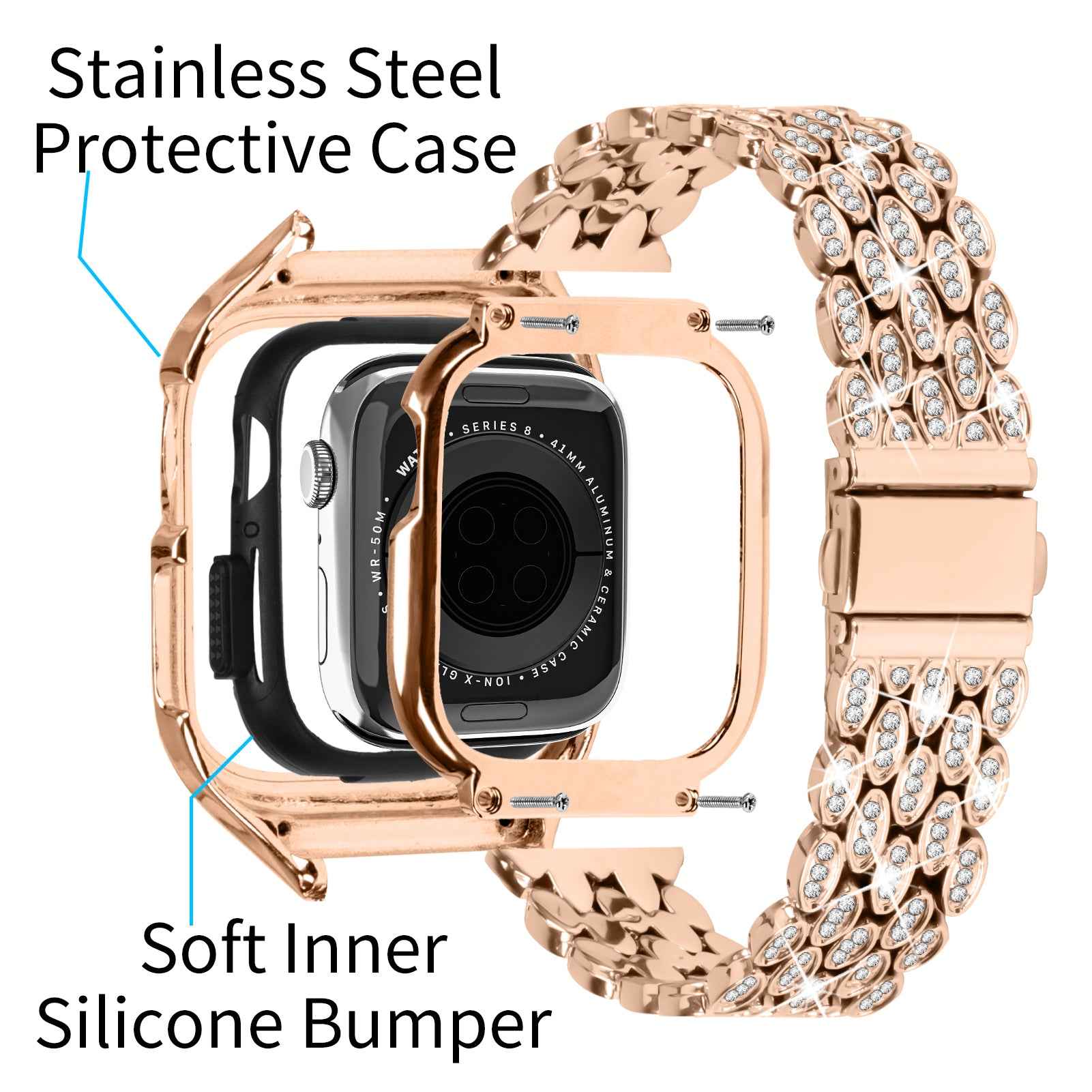 For Apple Watch Series 6 5 4 SE (2022) SE 40mm Watch Band Stainless Steel Rhinestone Decor Strap with Watch Case - Rose Gold