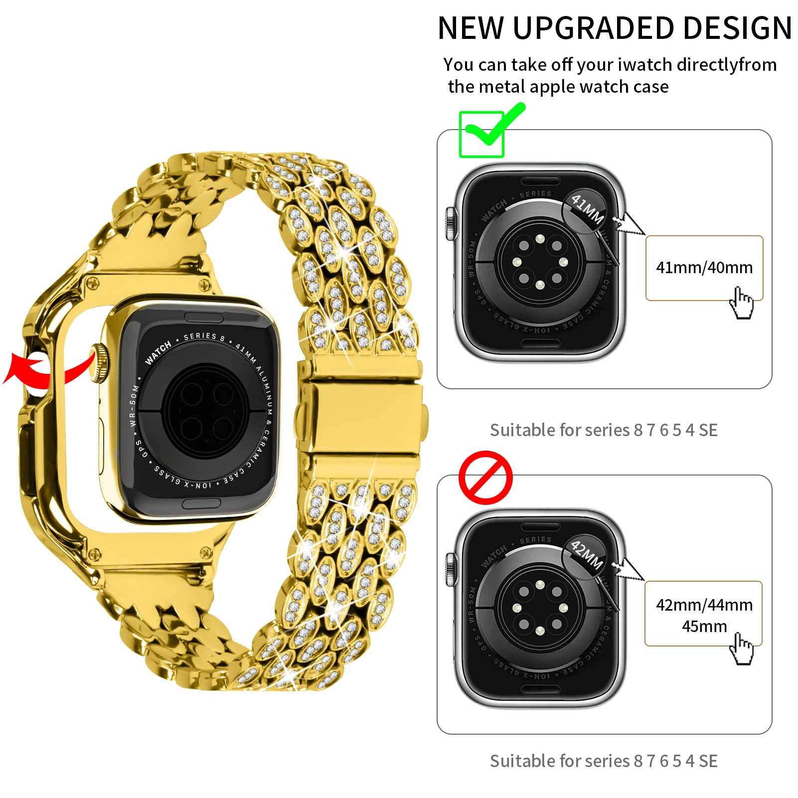 For Apple Watch Series 8 7 41mm Stainless Steel Watch Band Rhinestone Decor Strap with Protective Case - Gold