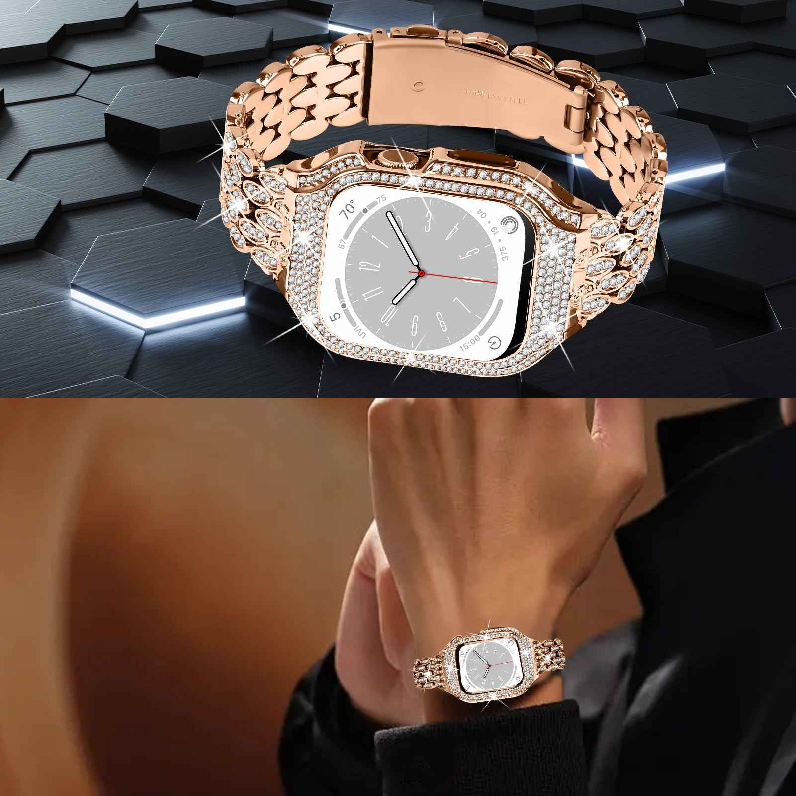 For Apple Watch Series 8 7 41mm Stainless Steel Watch Band Rhinestone Decor Strap with Protective Case - Rose Gold