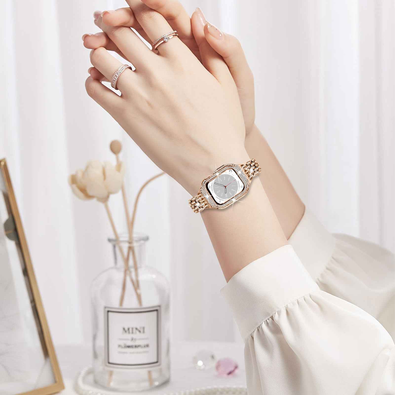 For Apple Watch Series 8 7 41mm Stainless Steel Watch Band Rhinestone Decor Strap with Protective Case - Rose Gold