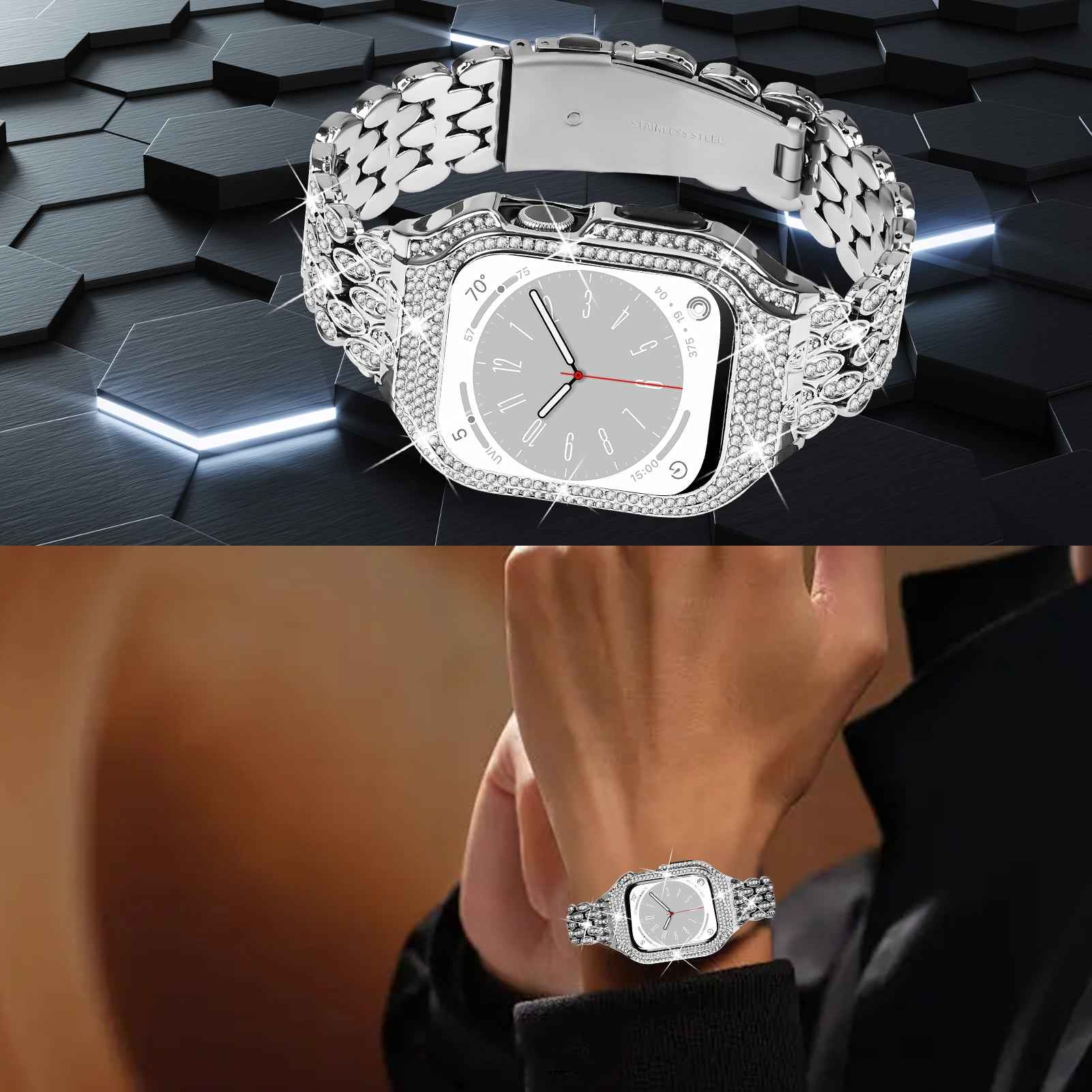 For Apple Watch Series 8 7 41mm Stainless Steel Watch Band Rhinestone Decor Strap with Protective Case - Silver