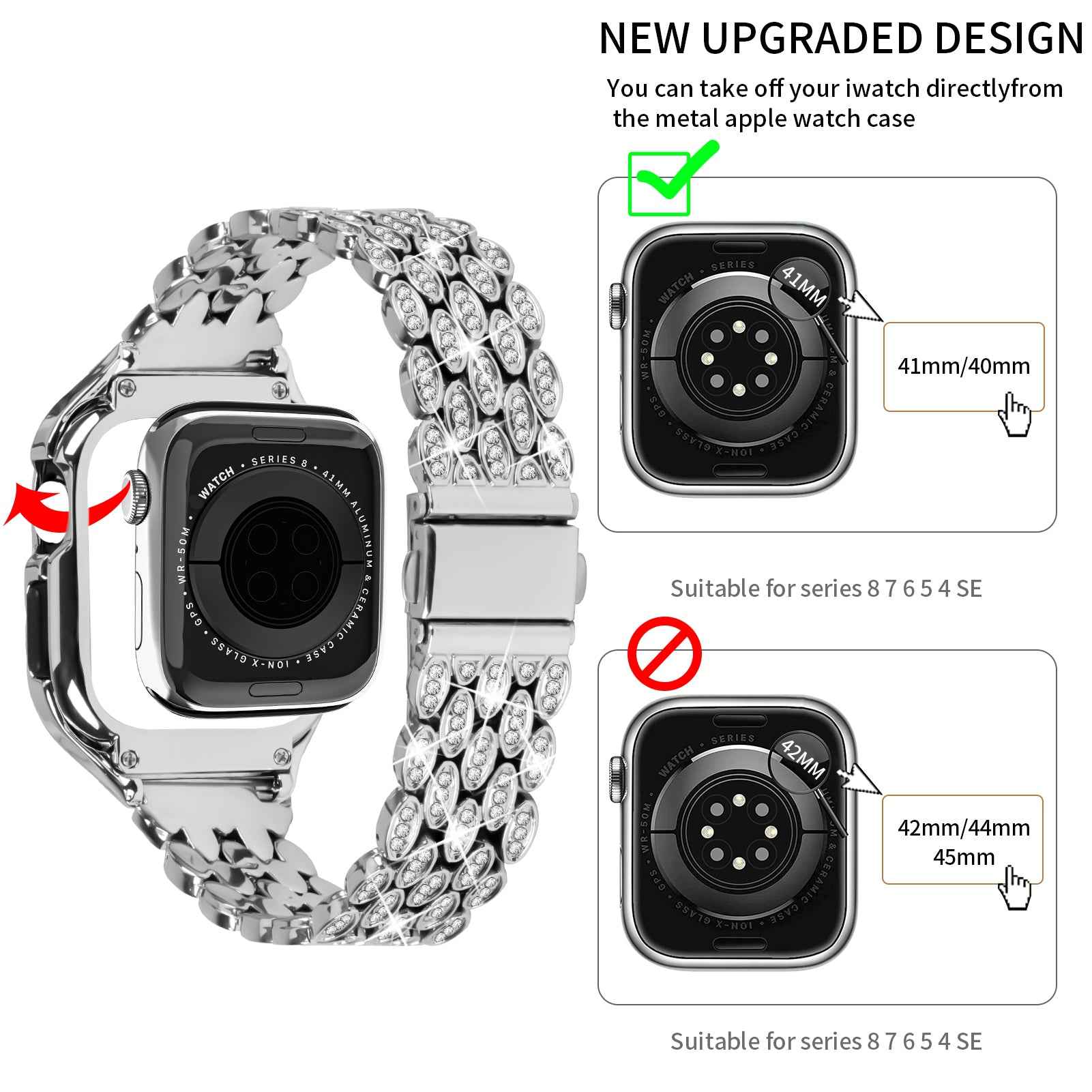 For Apple Watch Series 8 7 41mm Stainless Steel Watch Band Rhinestone Decor Strap with Protective Case - Silver