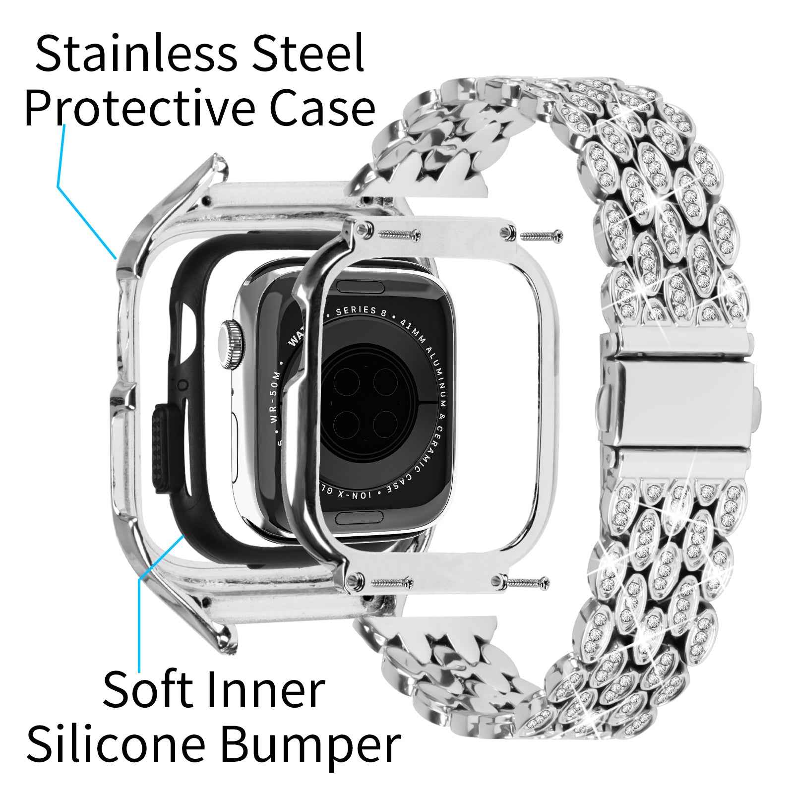 For Apple Watch Series 8 7 41mm Stainless Steel Watch Band Rhinestone Decor Strap with Protective Case - Silver