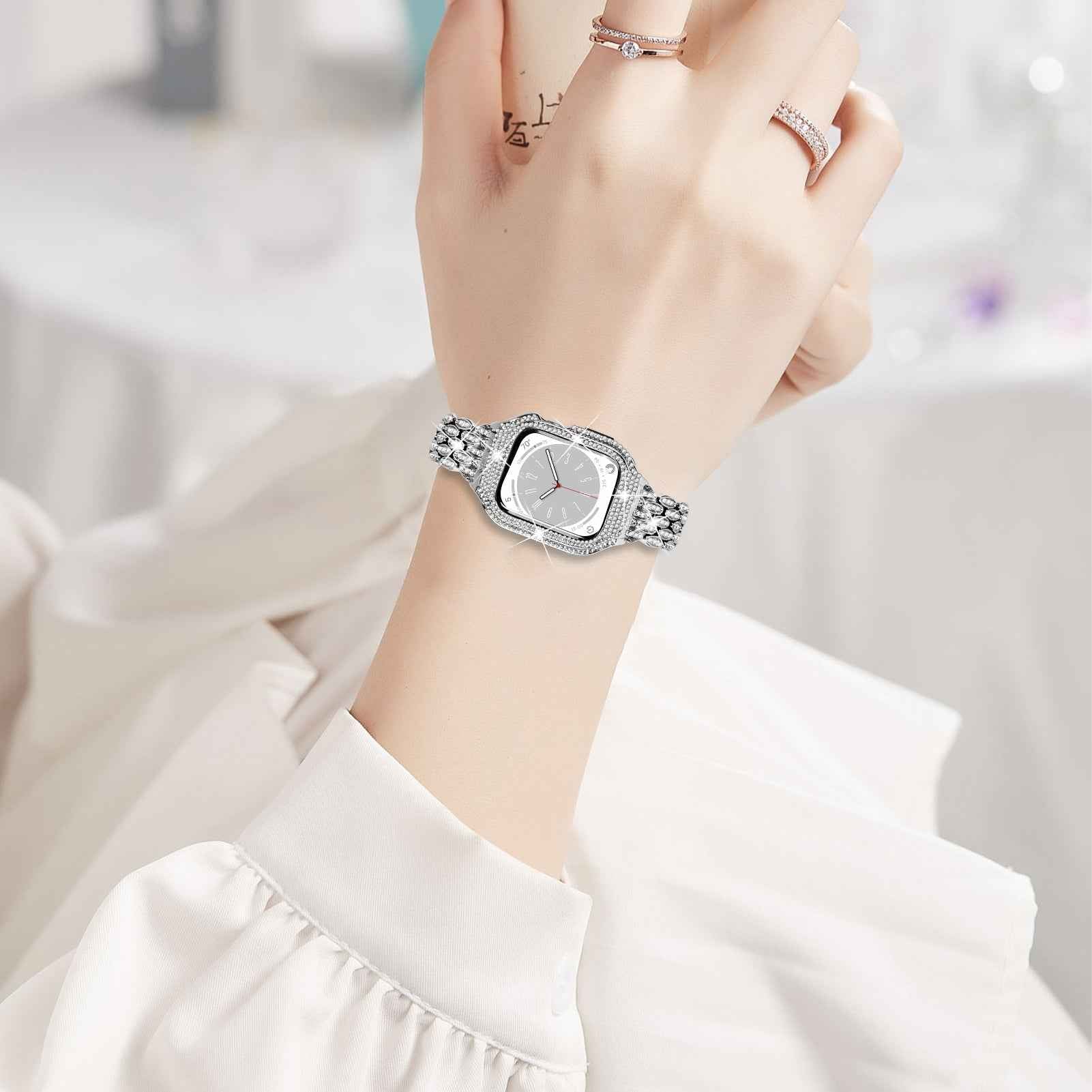 For Apple Watch Series 8 7 41mm Stainless Steel Watch Band Rhinestone Decor Strap with Protective Case - Silver