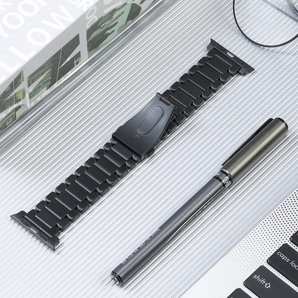 For Apple Watch Ultra 49mm / Series 8 / 7 45mm / 6 / 5 / 4 / SE / SE (2022) 44mm / 3 / 2 / 1 42mm Titanium Steel Watch Band 5 Beads Replace Strap - Black - UNIQBUY