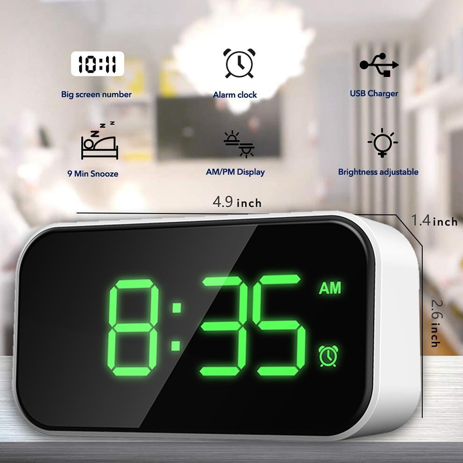 Digital Alarm Clock LED Alarm Clock Mirror Clock for Bedroom Green Character