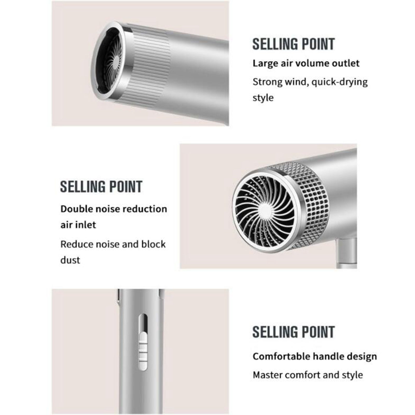 Professional Ionic Hair Dryer Hair Blower with Concentrator Diffuser Silver