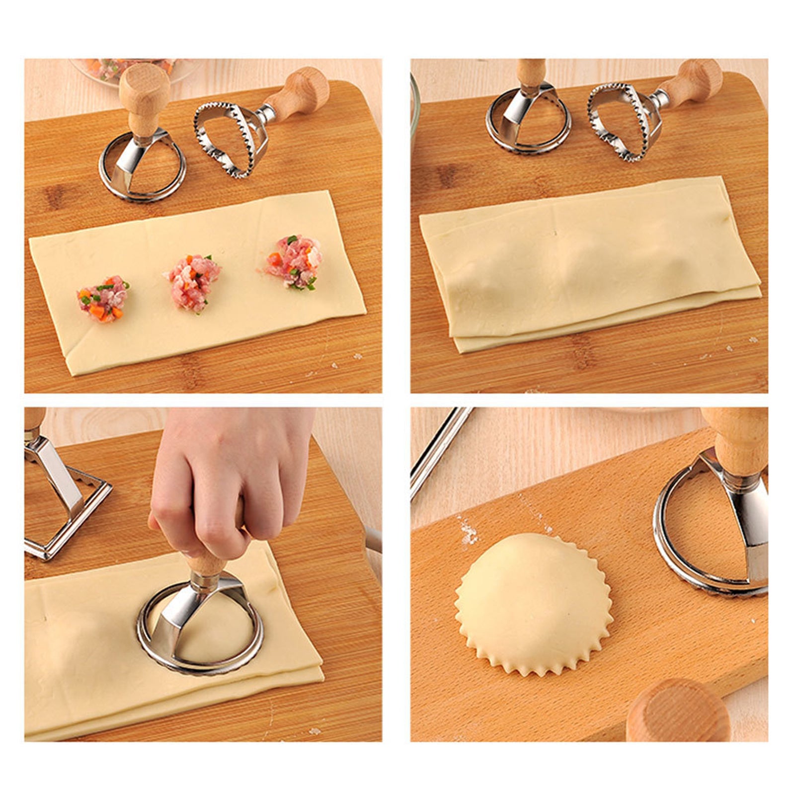Steel Ravioli Stamp Maker Cutter Pasta Maker Mold & Wooden Handle Round