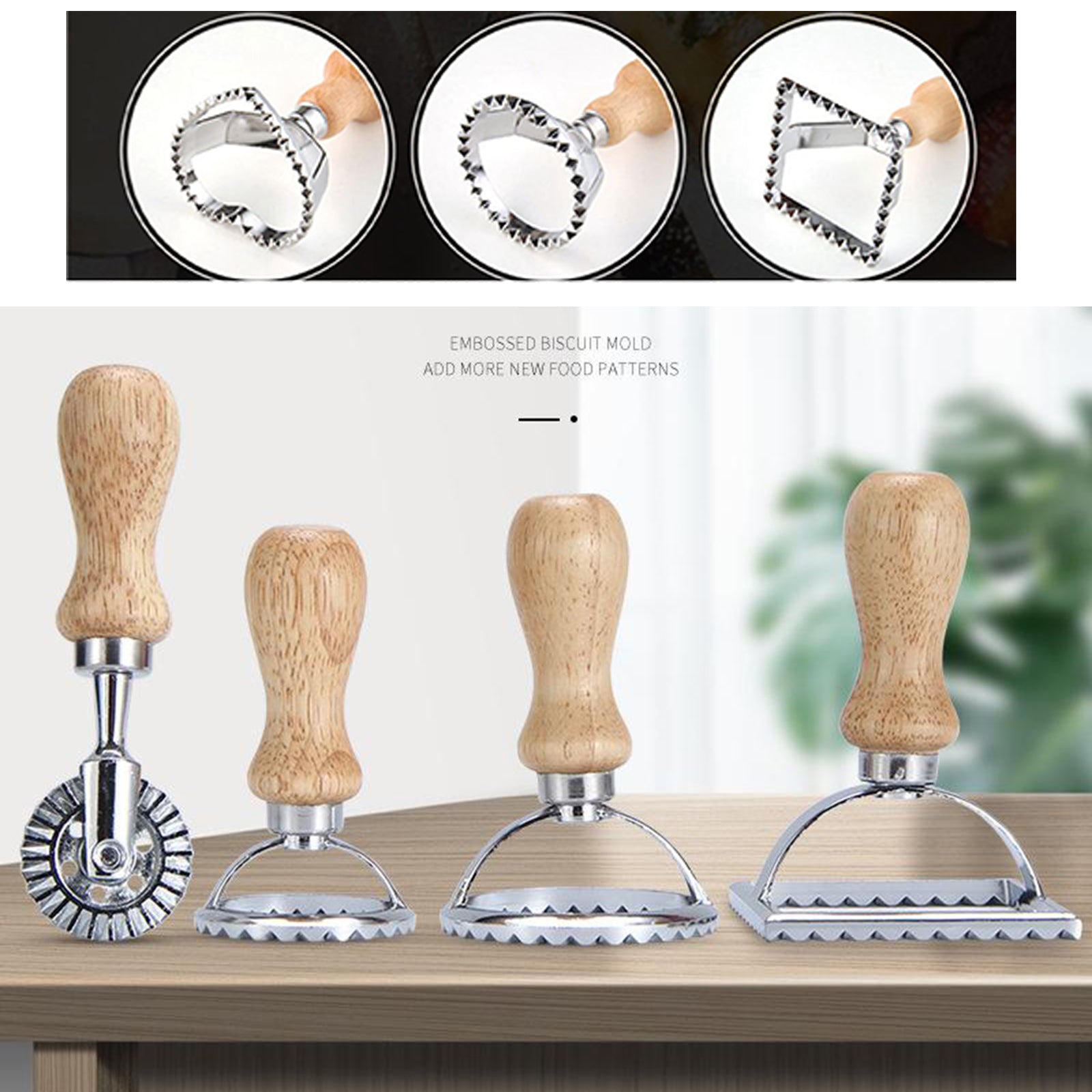 Steel Ravioli Stamp Maker Cutter Pasta Maker Mold & Wooden Handle Roll