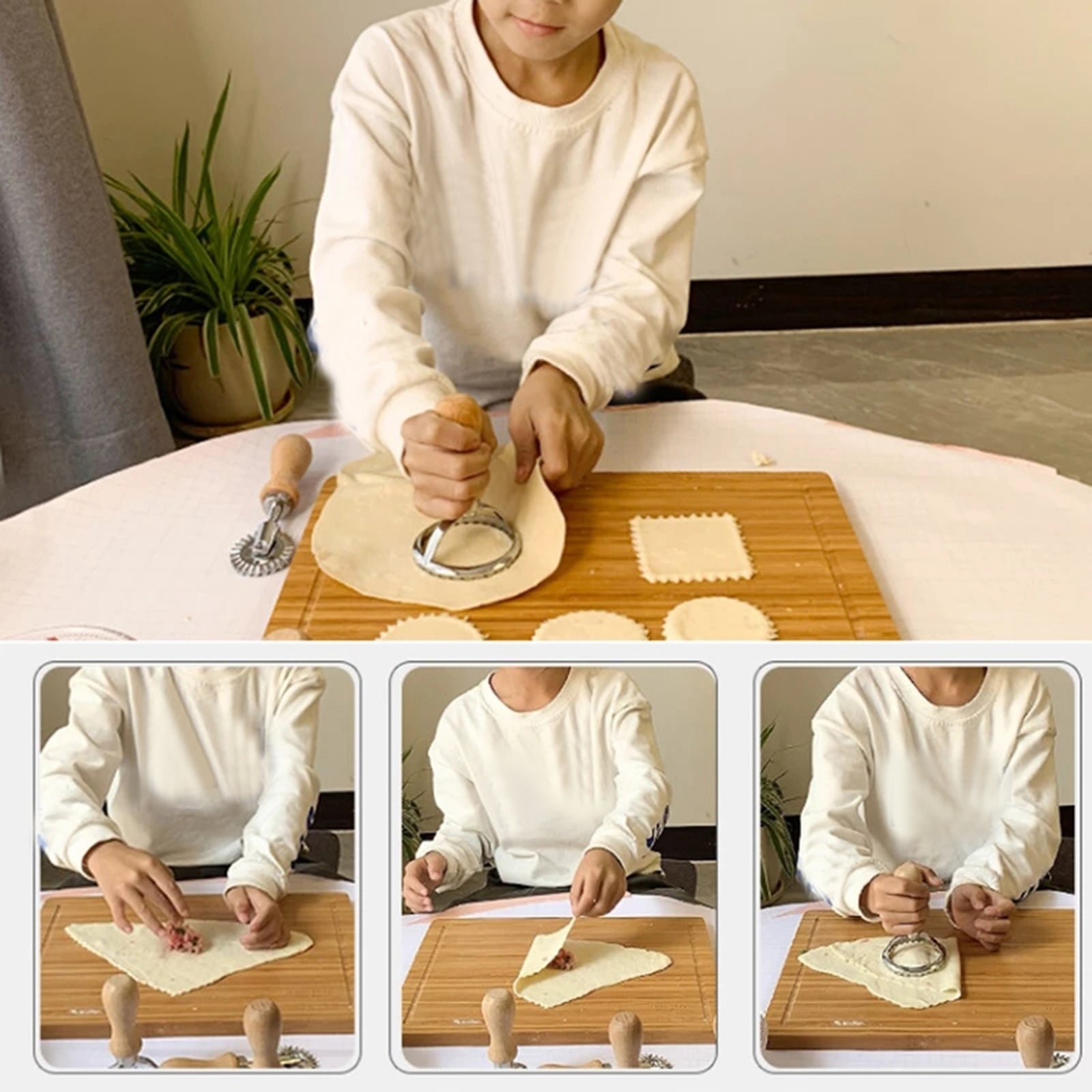 Steel Ravioli Stamp Maker Cutter Pasta Maker Mold & Wooden Handle Roll