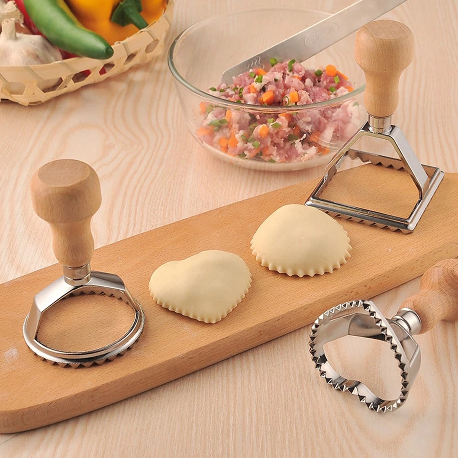 Steel Ravioli Stamp Maker Cutter Pasta Maker Mold & Wooden Handle Heart