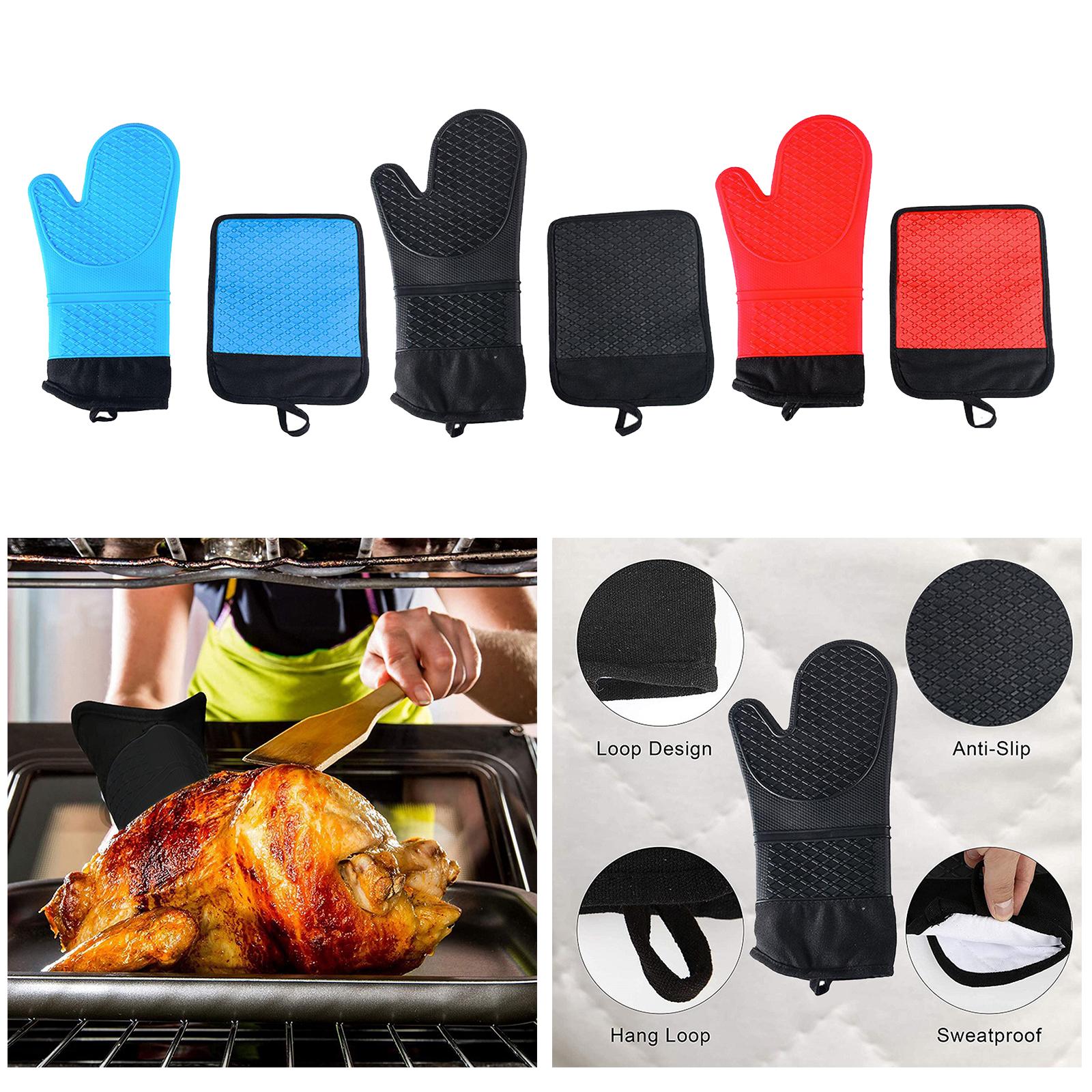 Oven Gloves Heat Resistant Silicone Oven Mitts Waterproof BBQ Gloves Black