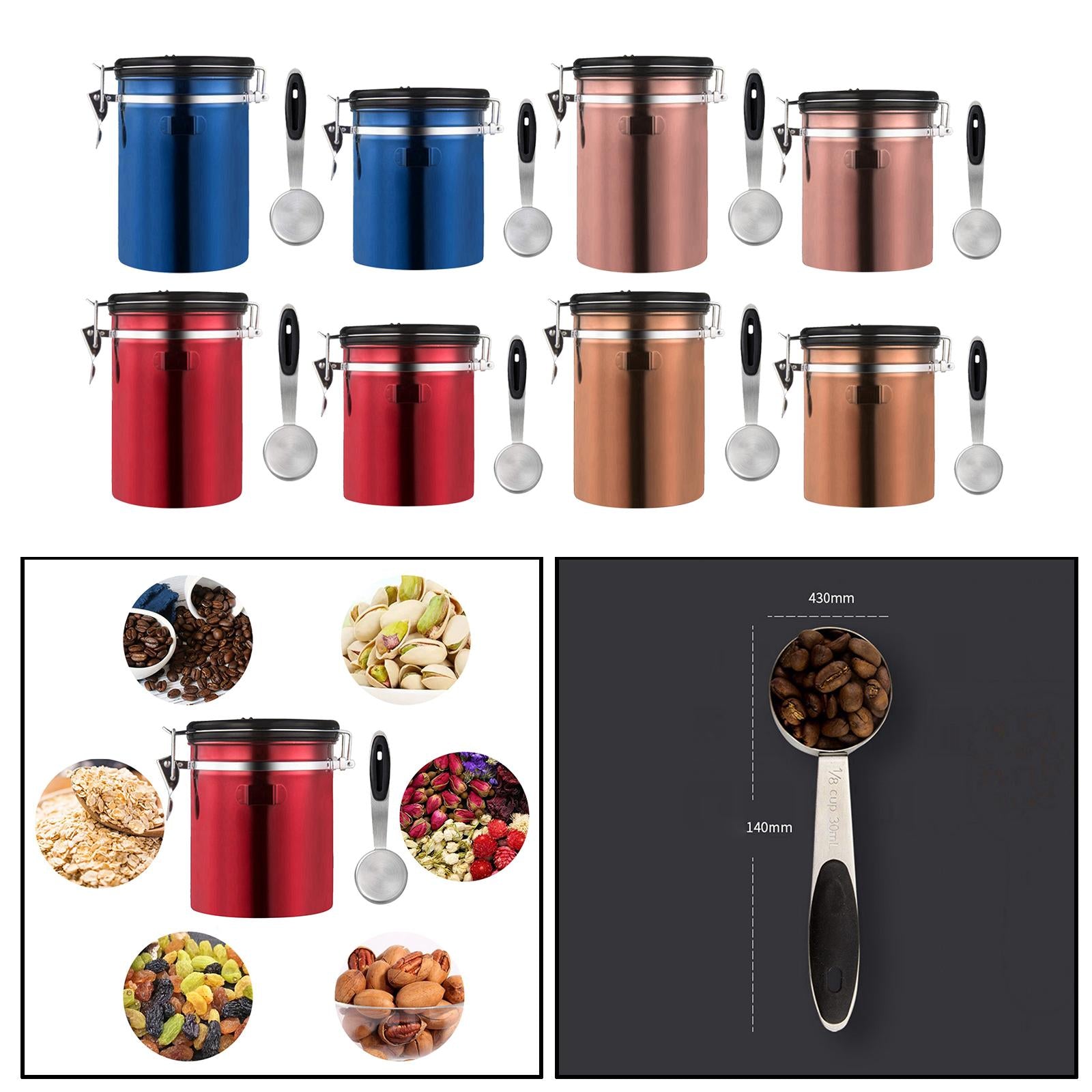 Stainless Steel Coffee Canister Food Container with Spoon 1800ml Red