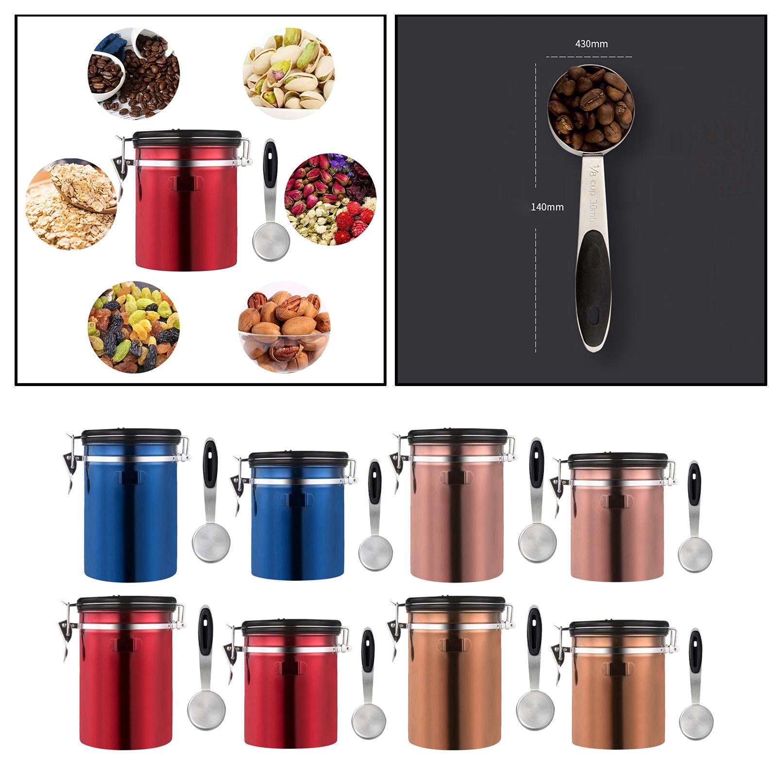 Stainless Steel Coffee Canister Food Container with Spoon 1800ml Red