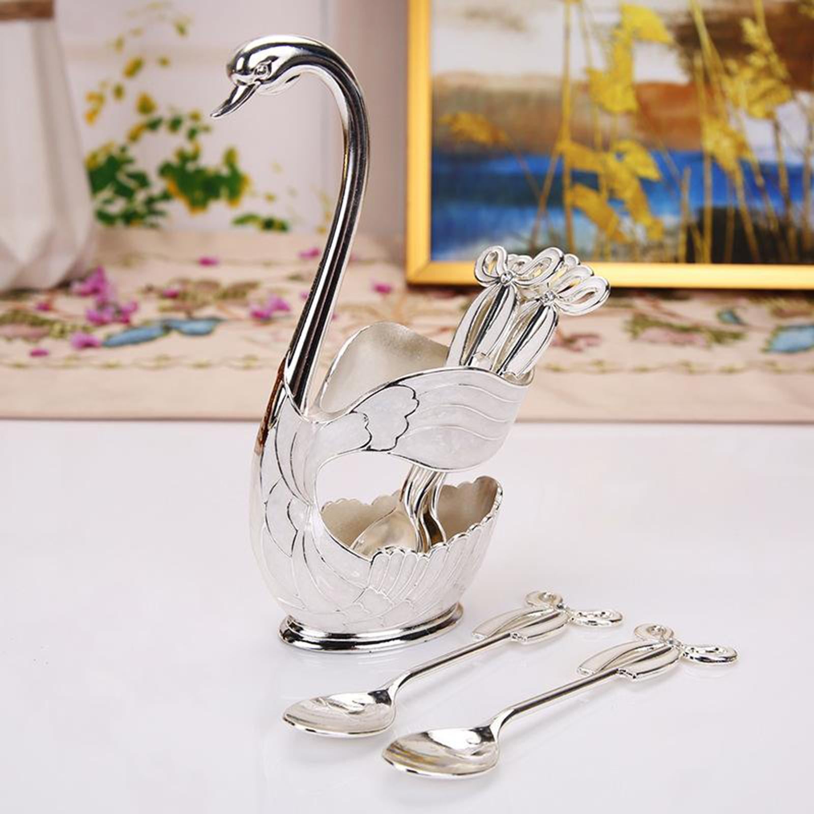 Elegant Swan Spoon Holder Set Spoons Tableware Dining Cake Dessert Decor silver