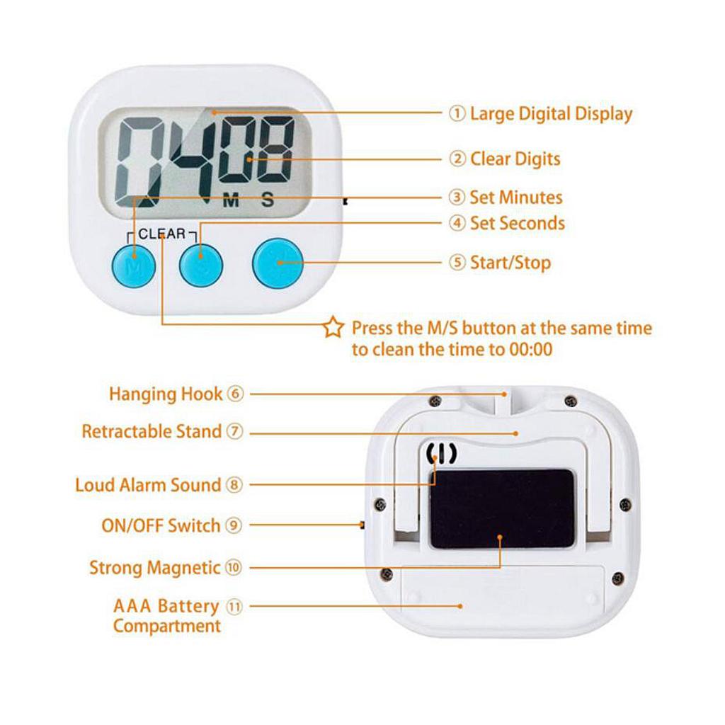 1pc Digital Kitchen Timer Clear Big Digits 0-99 Min for Cooking Office Clock white