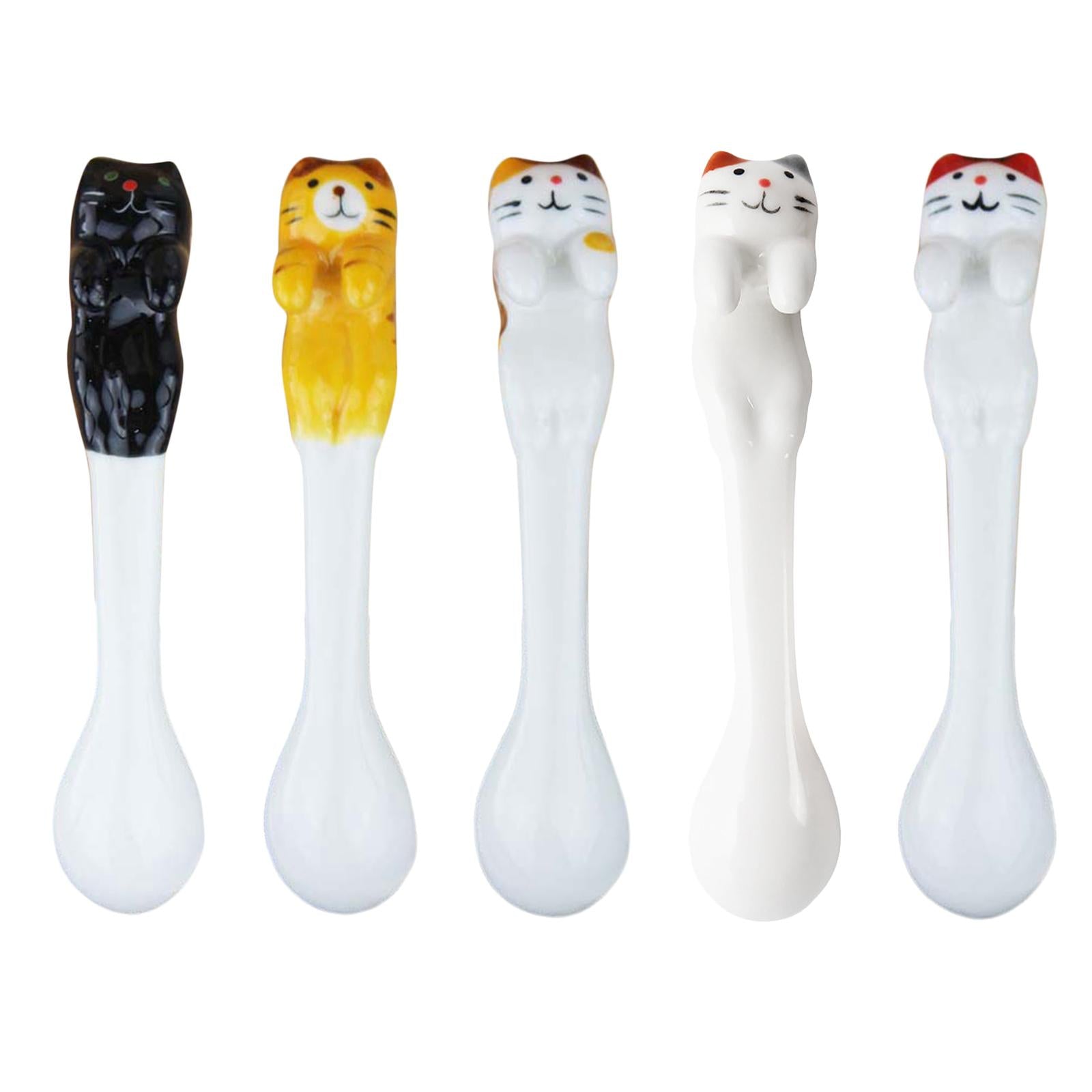 Ceramics Spoon Cat Design Teaspoons for Dessert Cappuccino Yellow Brown Cat