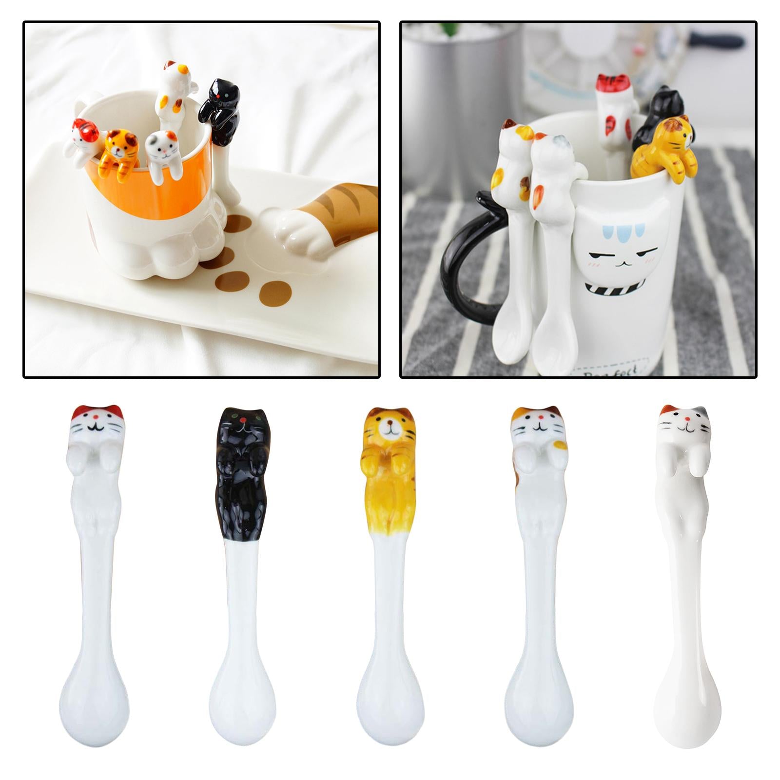 Ceramics Spoon Cat Design Teaspoons for Dessert Cappuccino Yellow Brown Cat