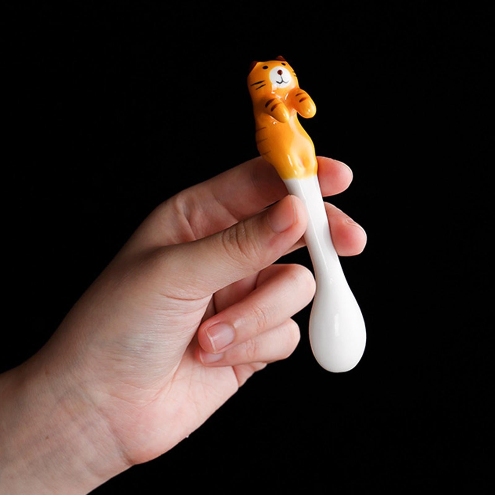 Ceramics Spoon Cat Design Teaspoons for Dessert Cappuccino Orange Cat