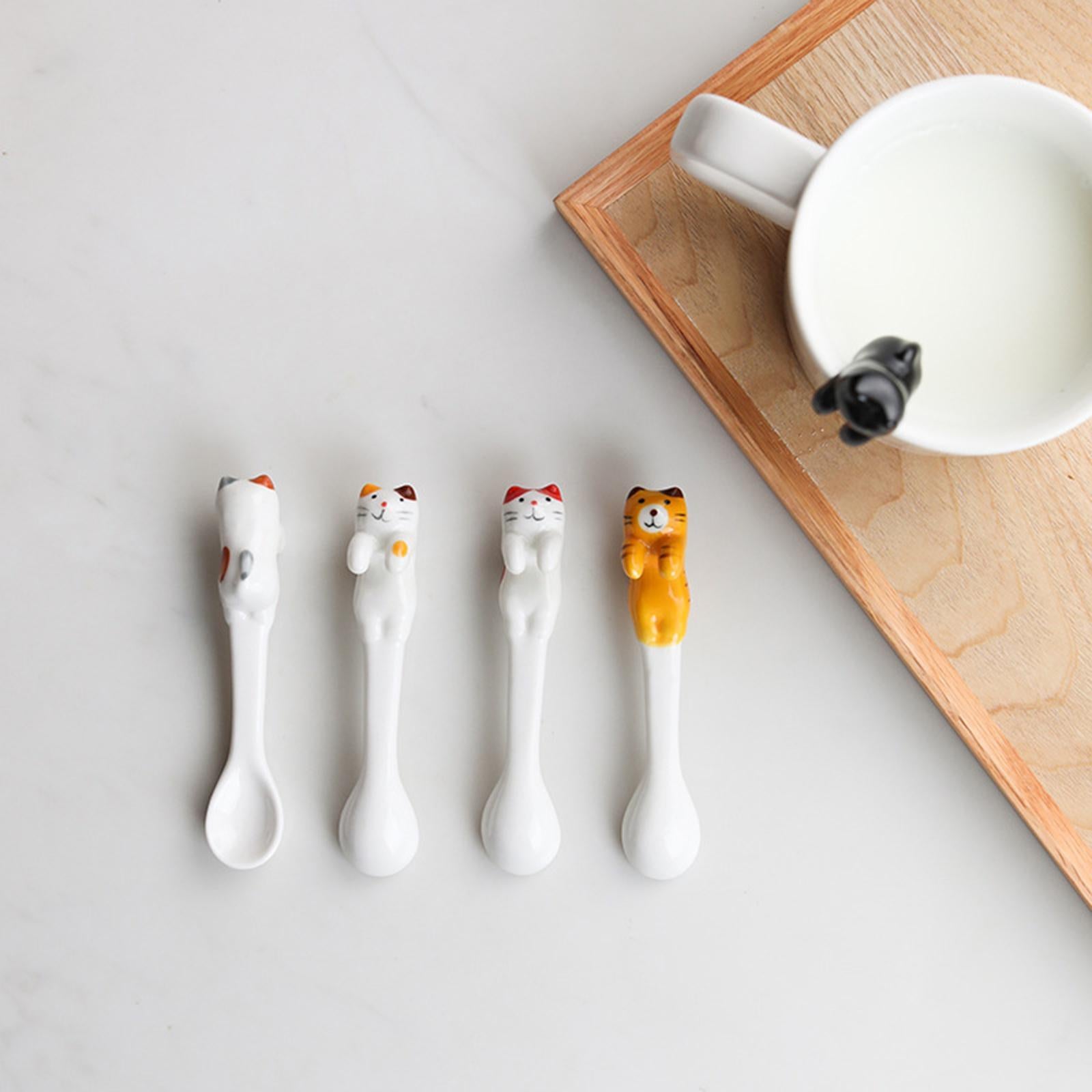 Ceramics Spoon Cat Design Teaspoons for Dessert Cappuccino Red Cat