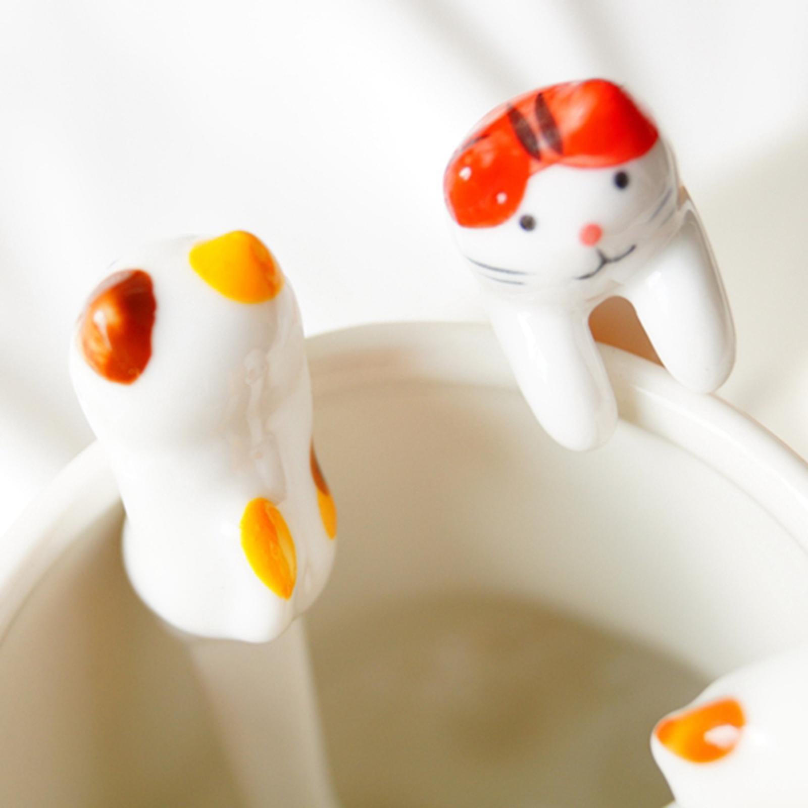 Ceramics Spoon Cat Design Teaspoons for Dessert Cappuccino Red Cat