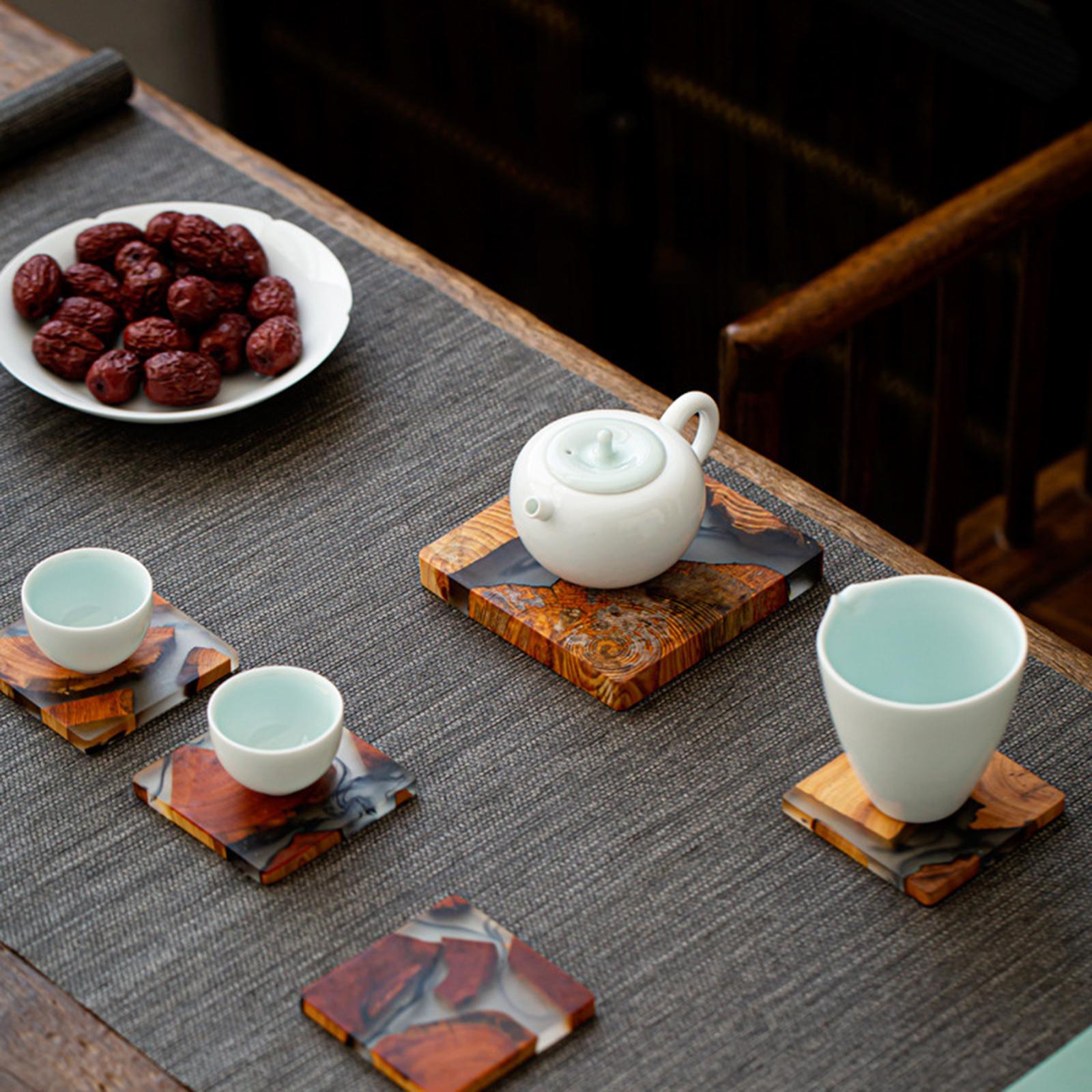Creative Resin Wood Coasters Tea Cup Square Pad Tableware Decor Teapot Mat
