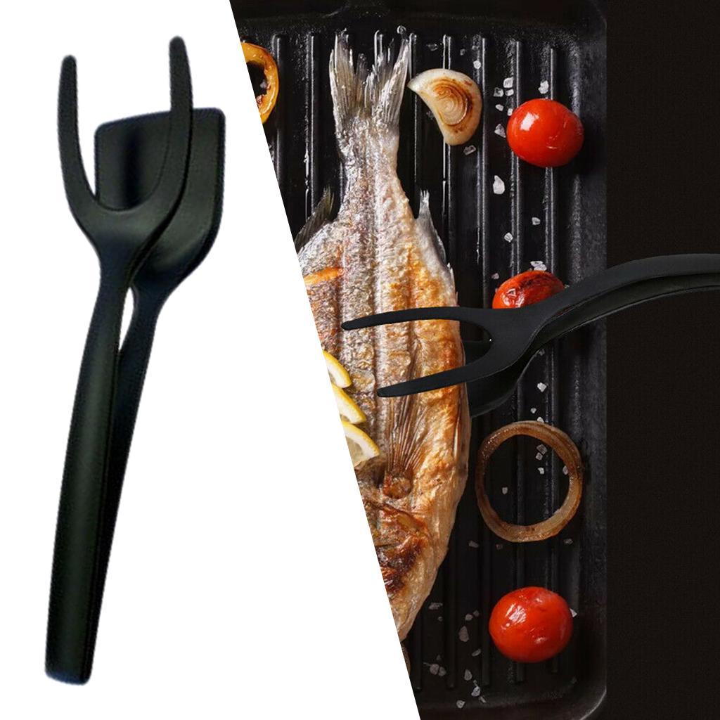 2 in 1 Egg Spatula Tongs Bread Clamp Omelette Fried Egg Tuner Tong Tool Black
