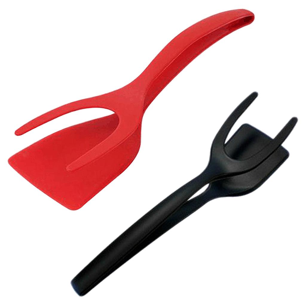 2 in 1 Egg Spatula Tongs Bread Clamp Omelette Fried Egg Tuner Tong Tool Black
