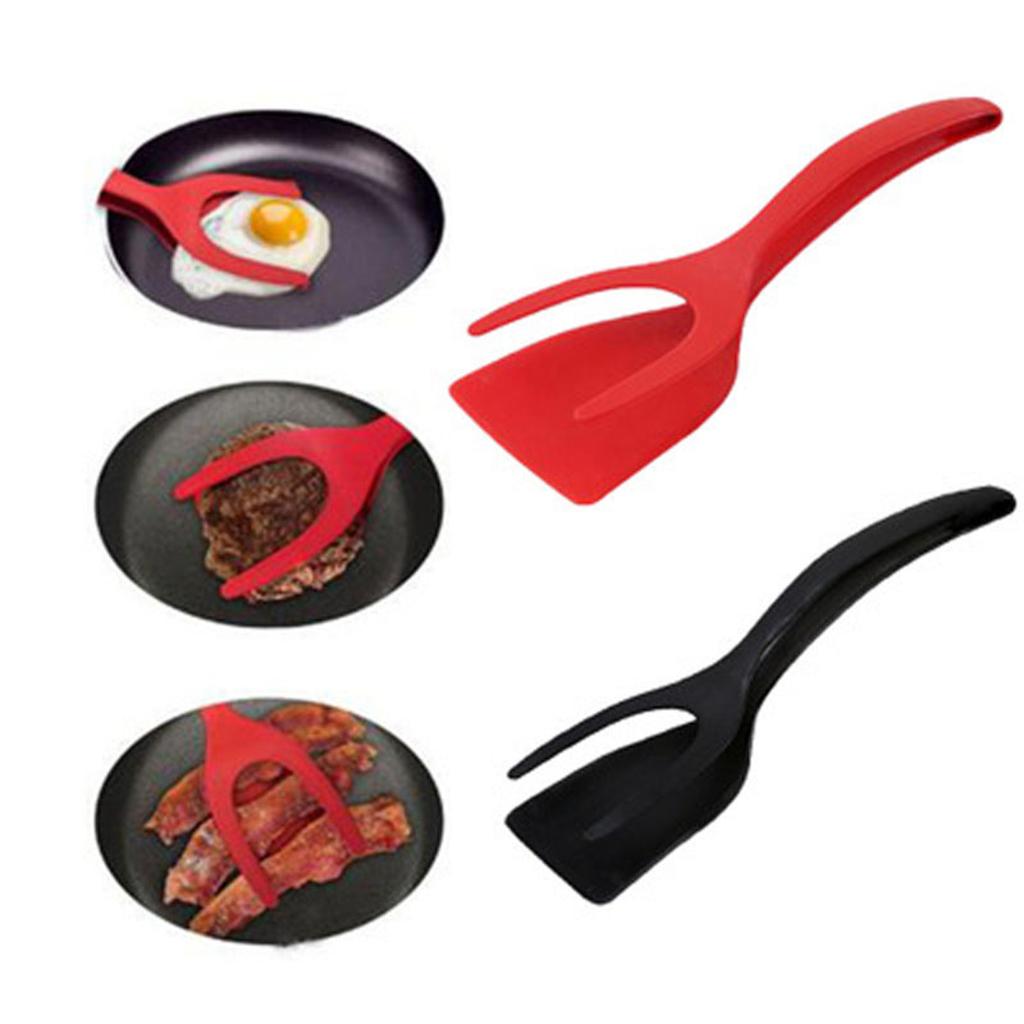 2 in 1 Egg Spatula Tongs Bread Clamp Omelette Fried Egg Tuner Tong Tool Black