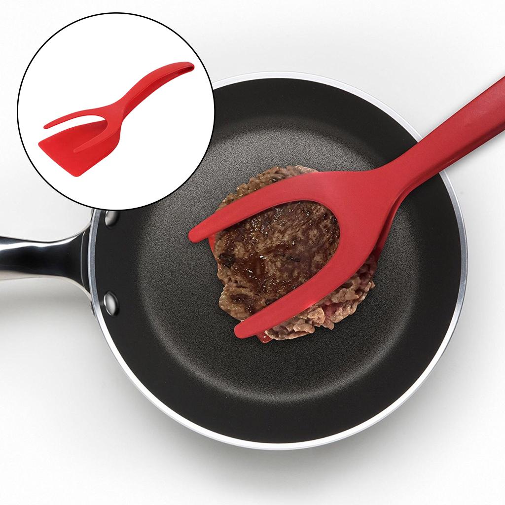 2 in 1 Egg Spatula Tongs Bread Clamp Omelette Fried Egg Tuner Tong Tool Red